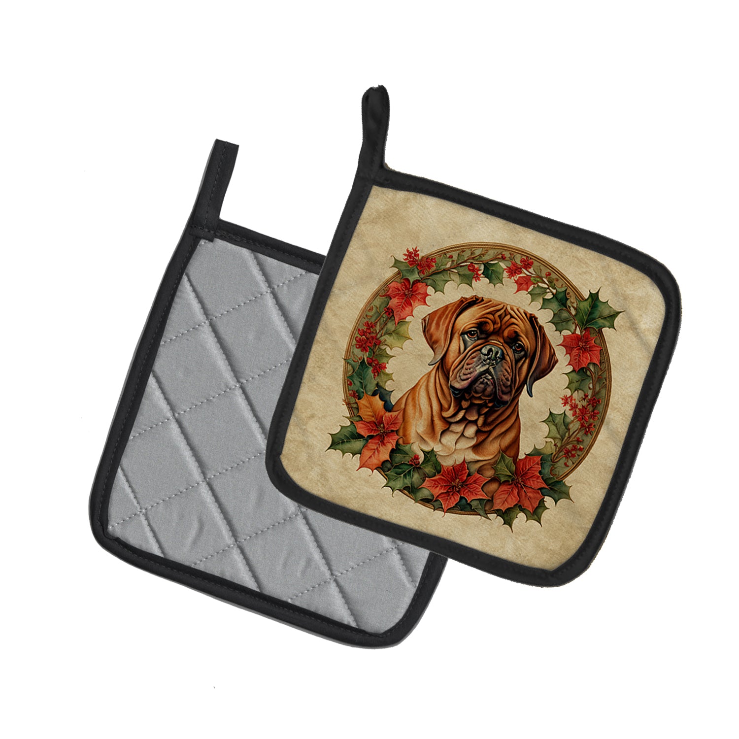 Dogue de Bordeaux Christmas Flowers Pair of Pot Holders