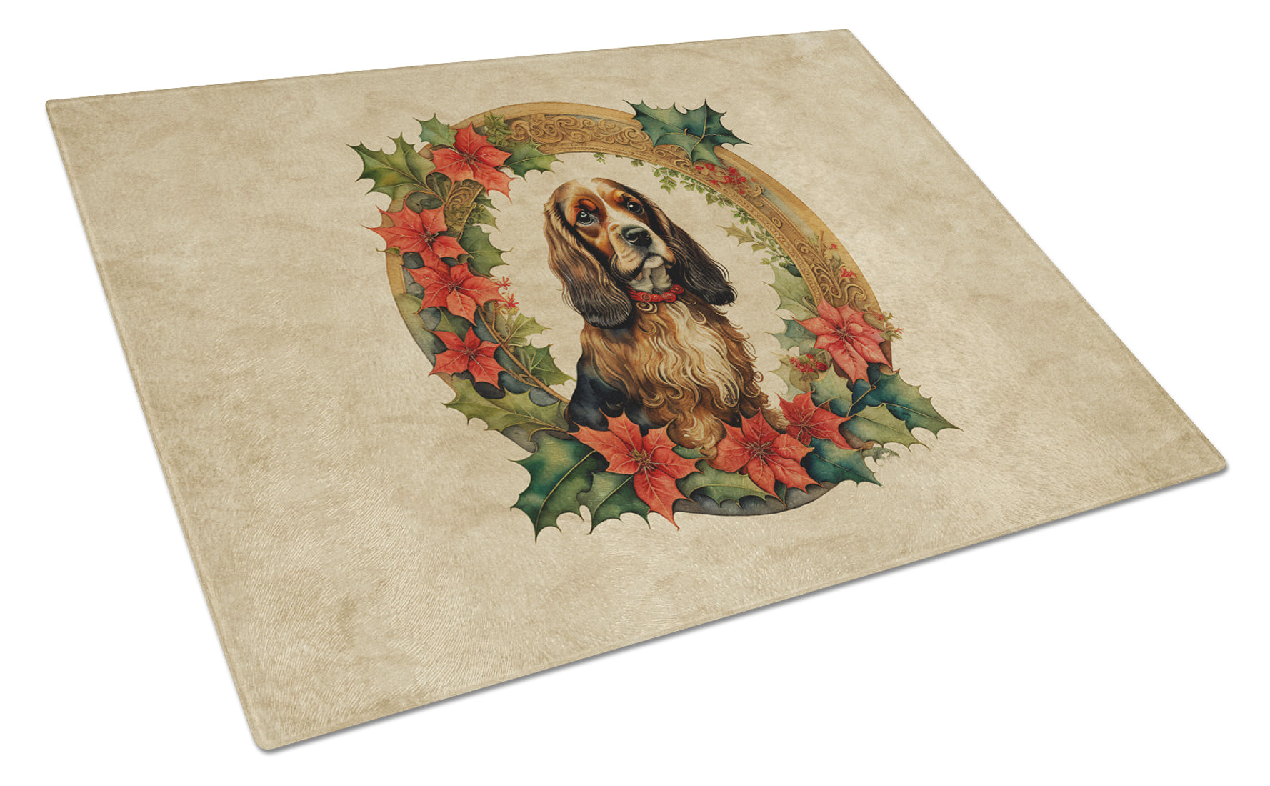 Buy this English Cocker Spaniel Christmas Flowers Glass Cutting Board