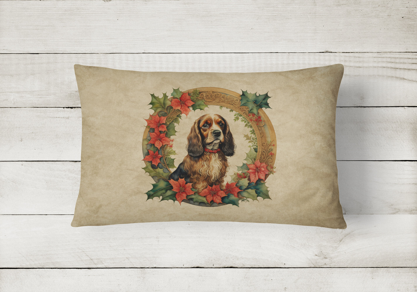 English Cocker Spaniel Christmas Flowers Throw Pillow