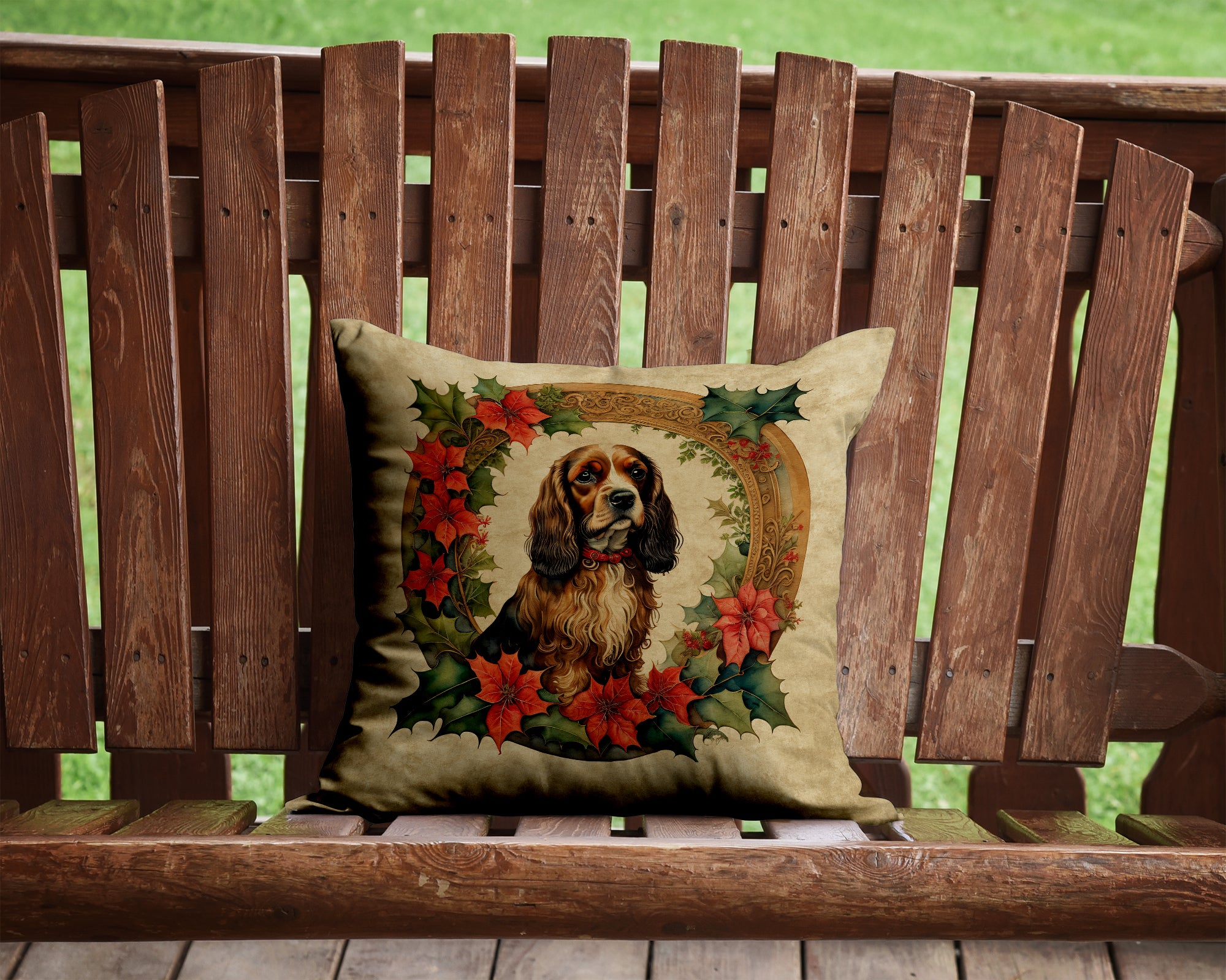 English Cocker Spaniel Christmas Flowers Throw Pillow