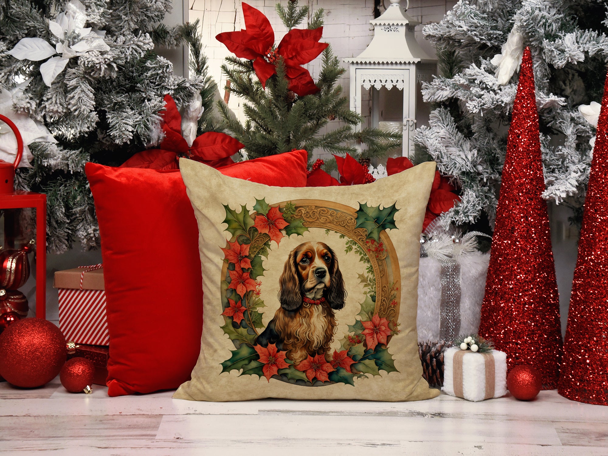 Buy this English Cocker Spaniel Christmas Flowers Throw Pillow