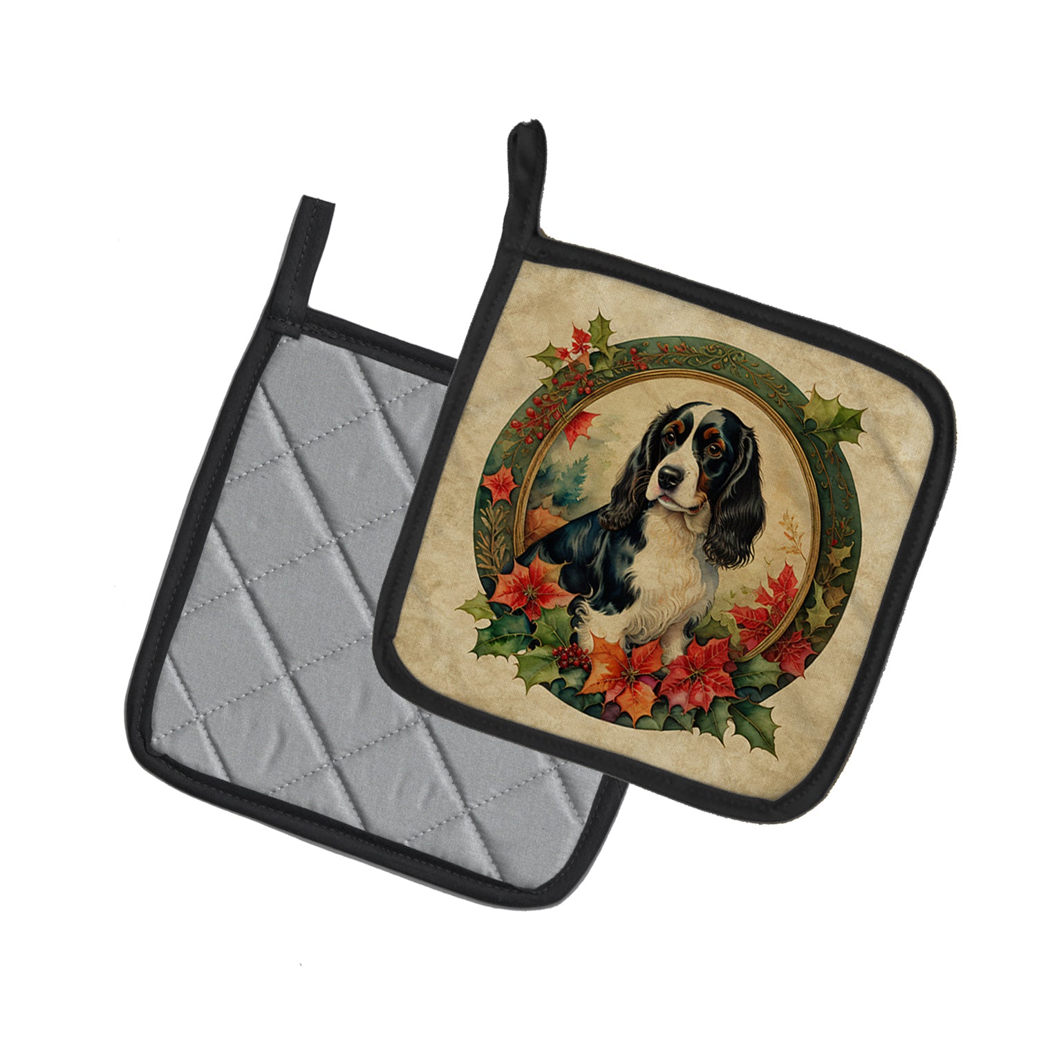 English Springer Spaniel Christmas Flowers Pair of Pot Holders