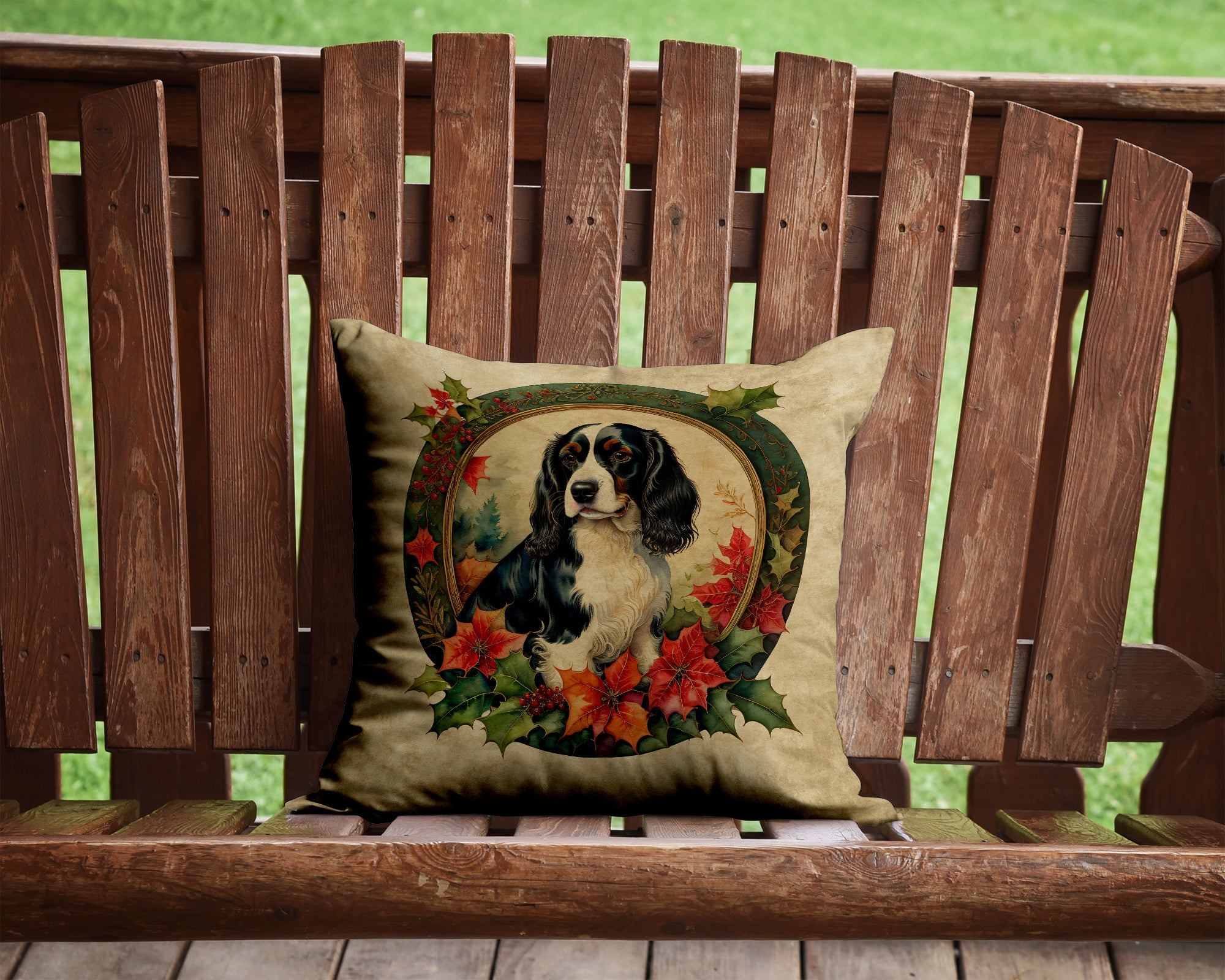 English Springer Spaniel Christmas Flowers Throw Pillow