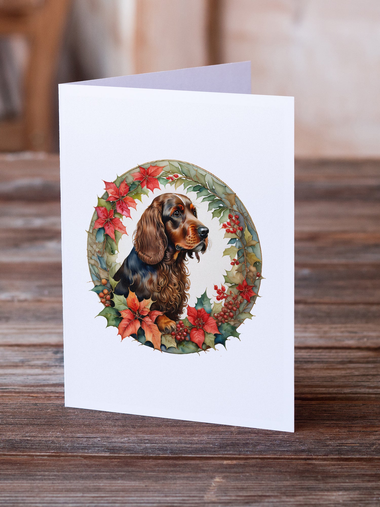 Field Spaniel Christmas Flowers Greeting Cards Pack of 8