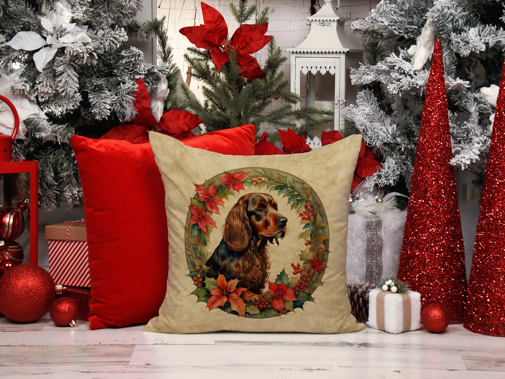 Buy this Field Spaniel Christmas Flowers Throw Pillow