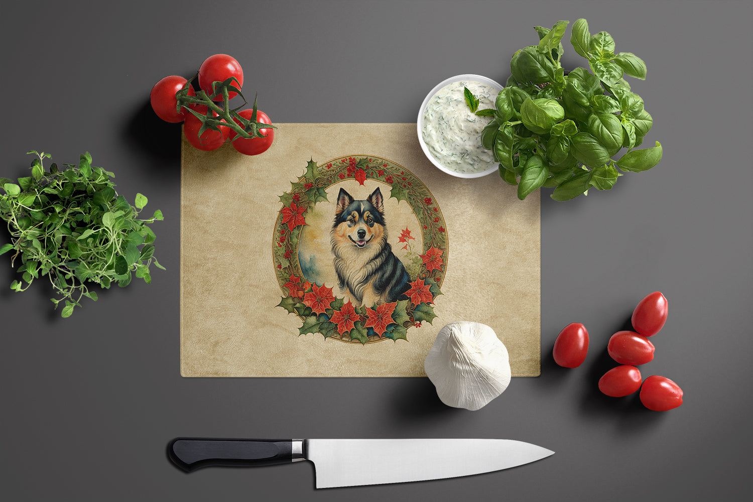 Finnish Lapphund Christmas Flowers Glass Cutting Board