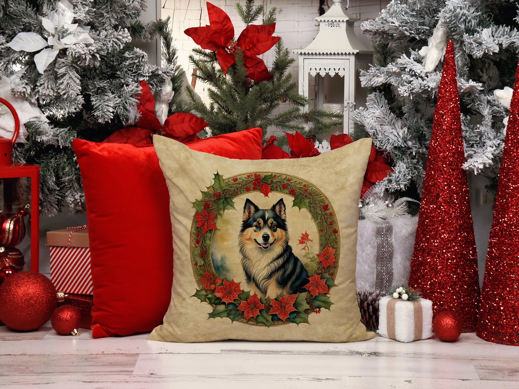 Buy this Finnish Lapphund Christmas Flowers Throw Pillow