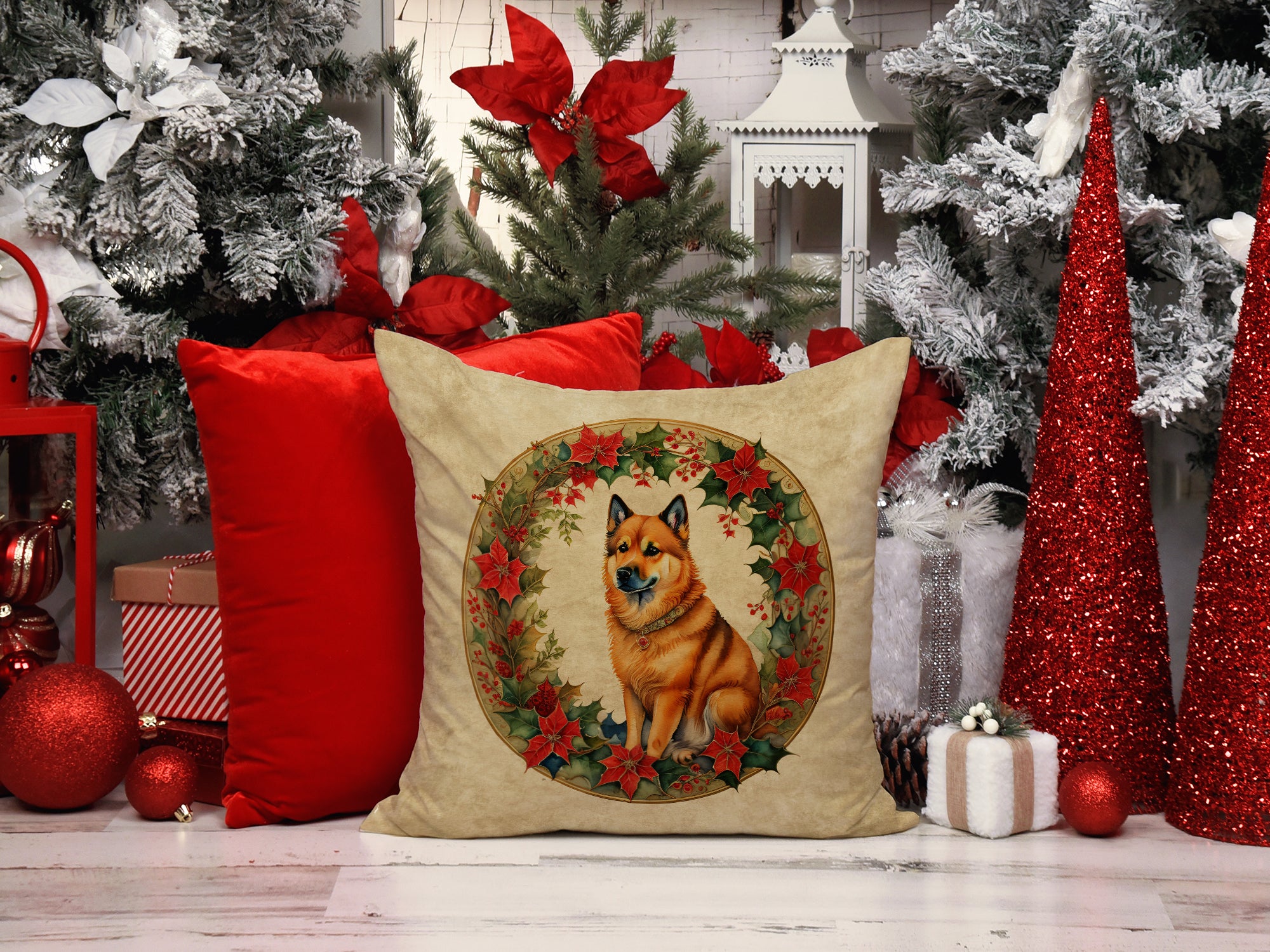 Buy this Finnish Spitz Christmas Flowers Throw Pillow