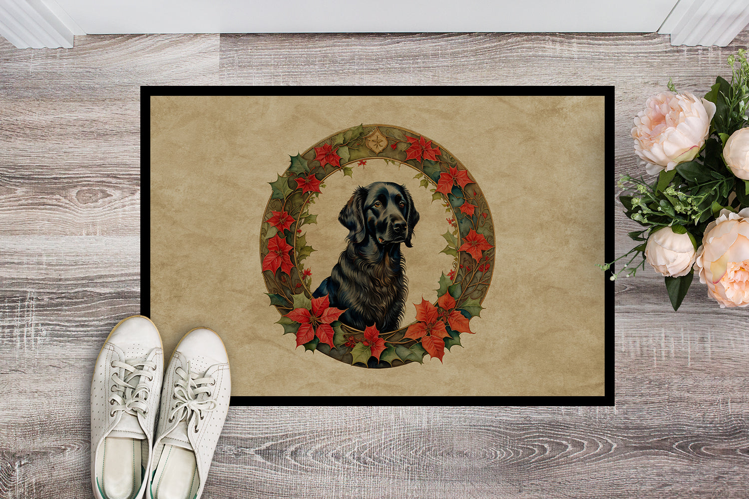 Flat-Coated Retriever Christmas Flowers Doormat