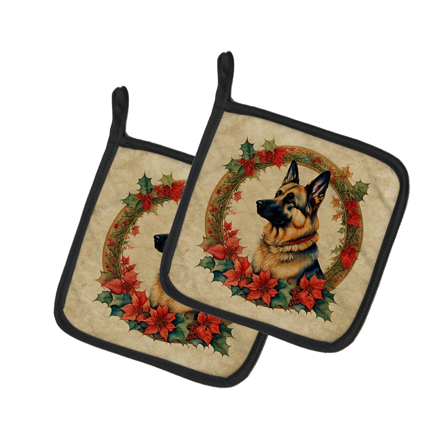 Buy this German Shepherd Christmas Flowers Pair of Pot Holders