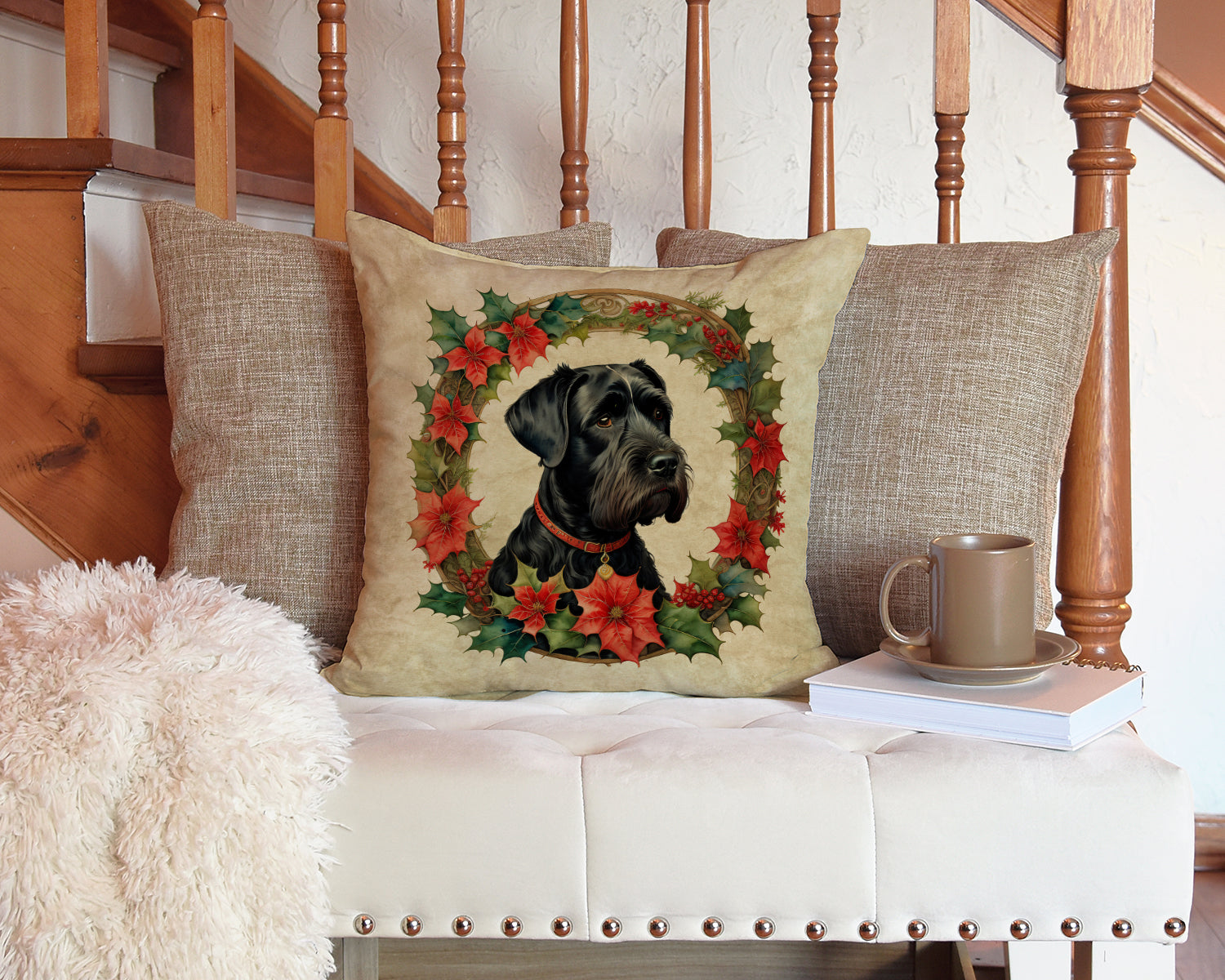 Giant Schnauzer Christmas Flowers Throw Pillow