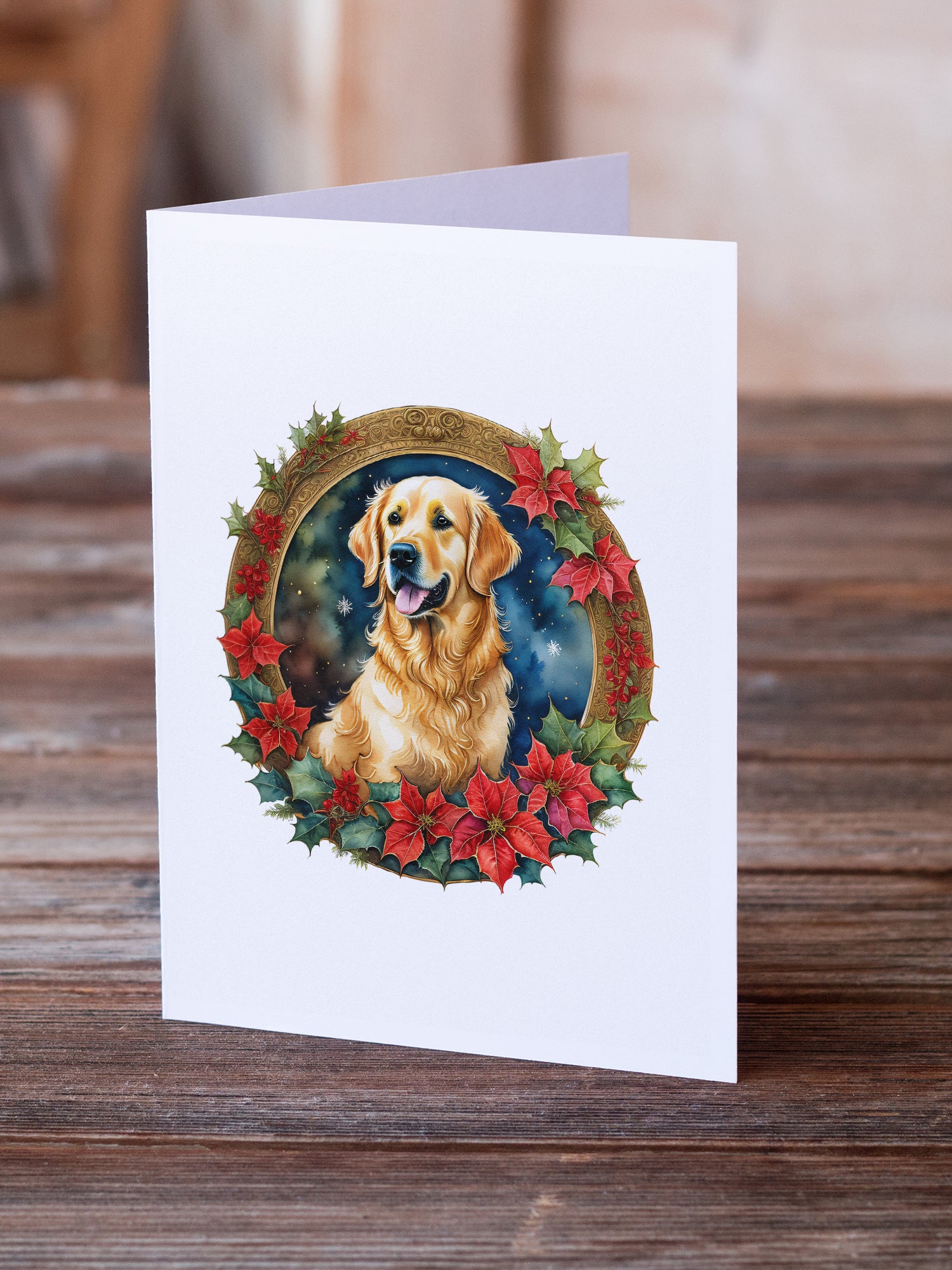 Buy this Golden Retriever Christmas Flowers Greeting Cards Pack of 8