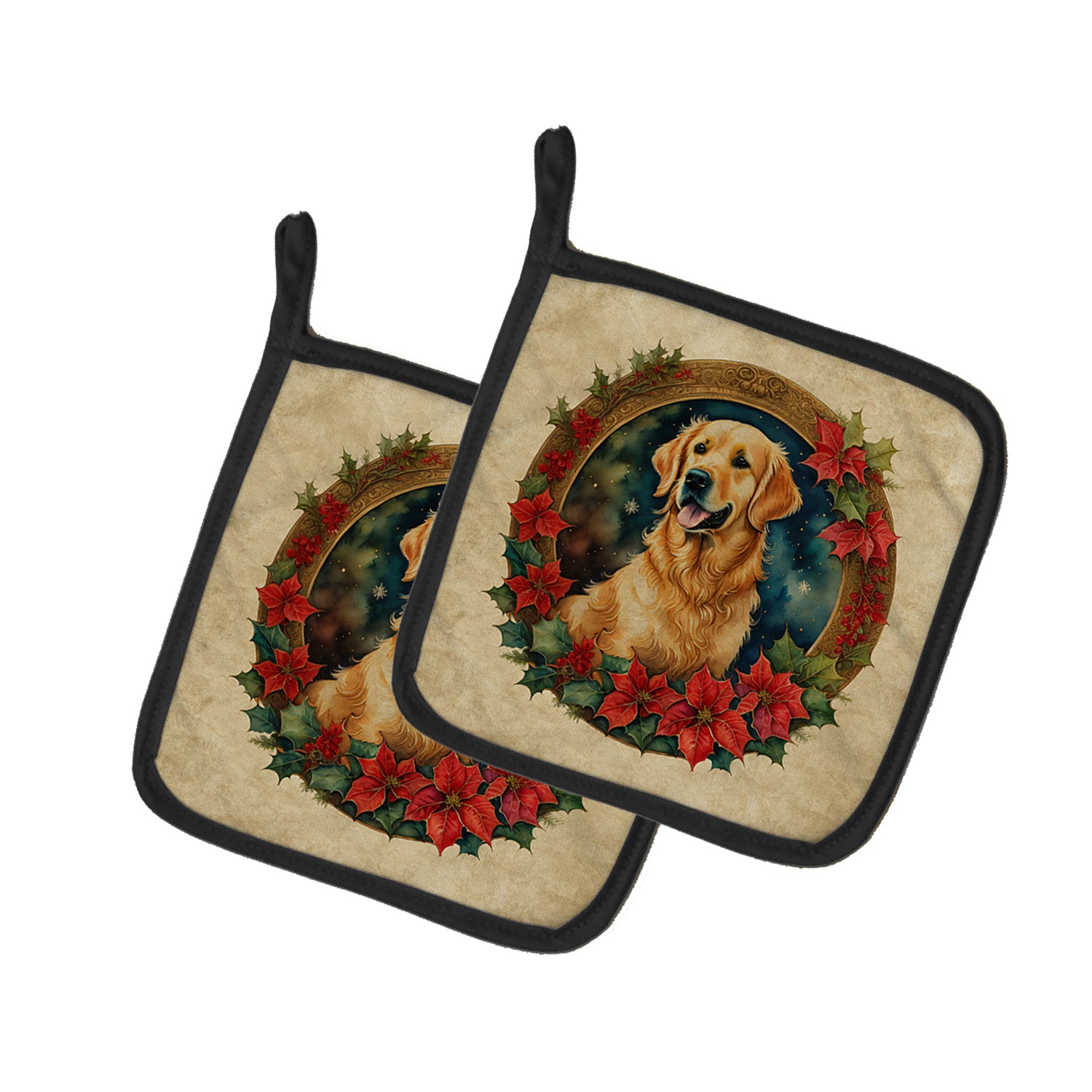 Buy this Golden Retriever Christmas Flowers Pair of Pot Holders