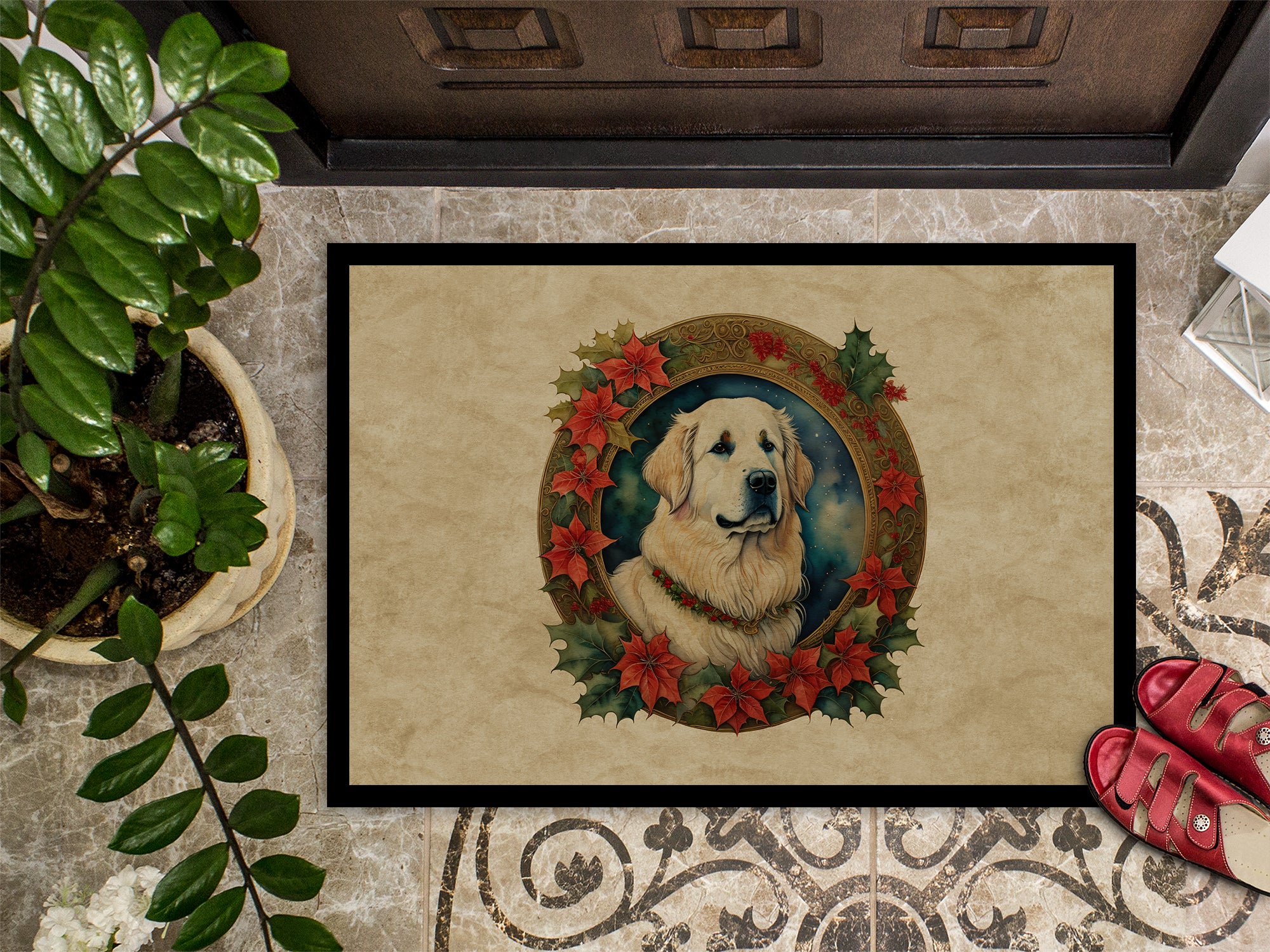 Great Pyrenees Christmas Flowers Doormat