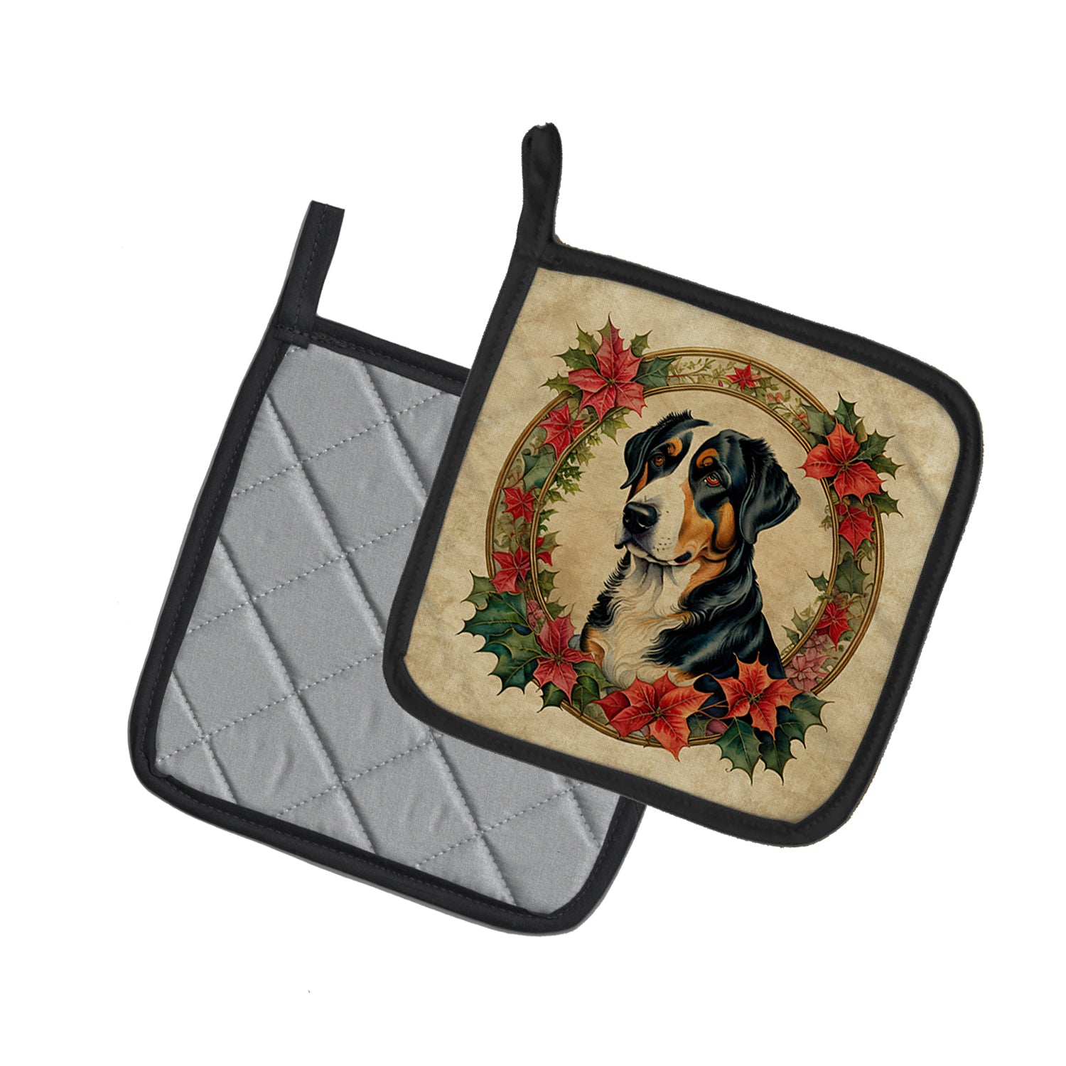 Greater Swiss Mountain Dog Christmas Flowers Pair of Pot Holders