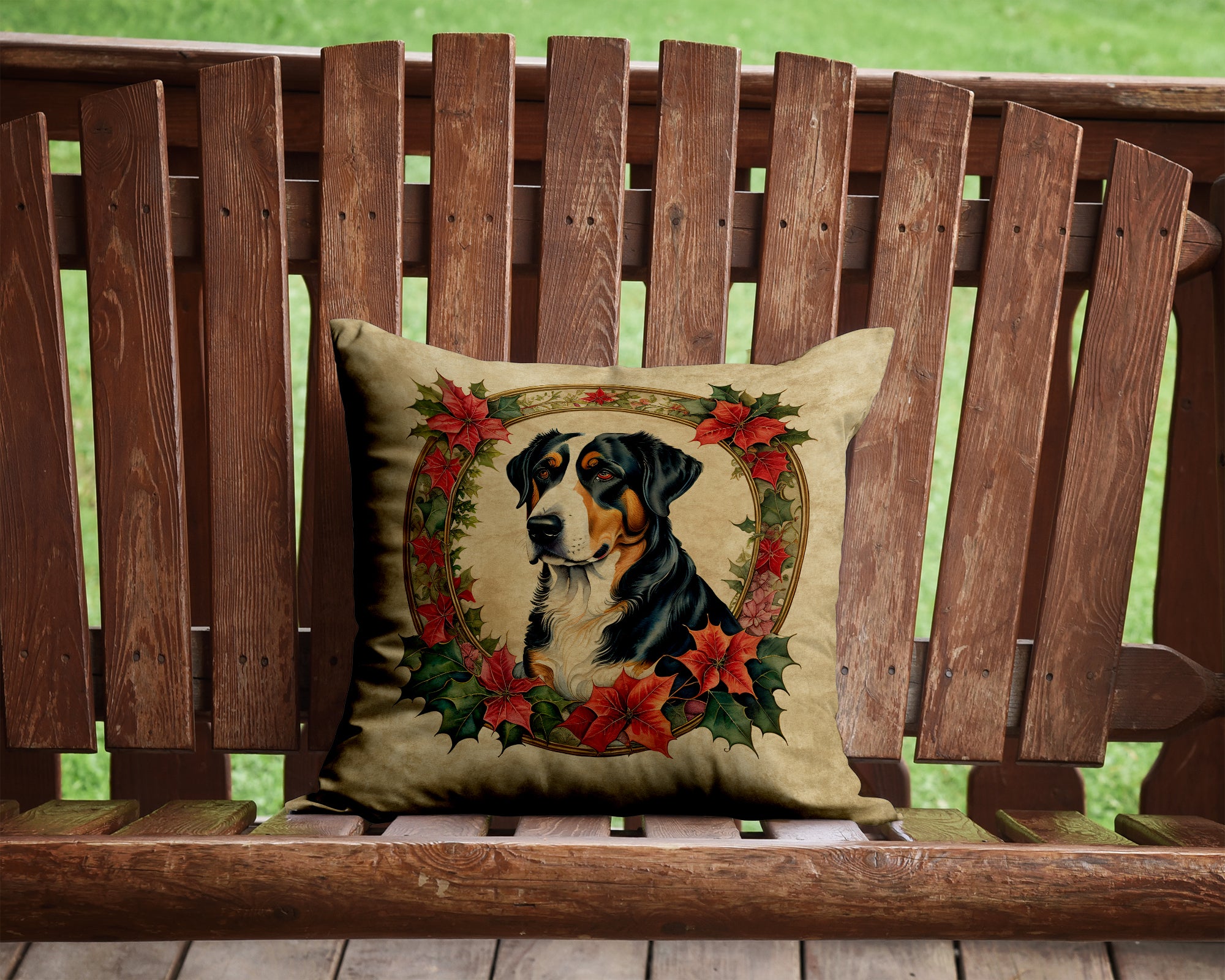 Greater Swiss Mountain Dog Christmas Flowers Throw Pillow