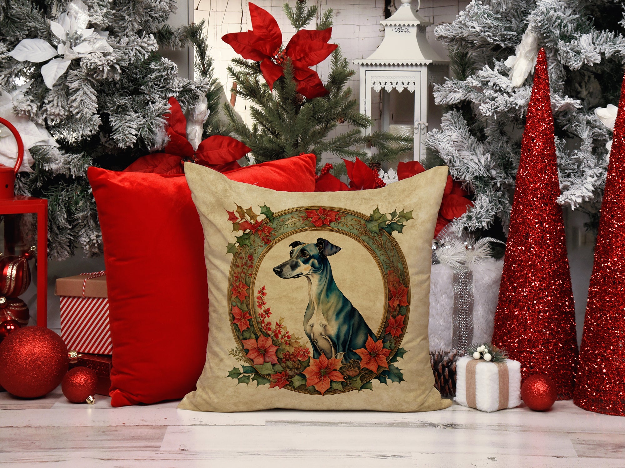 Greyhound Christmas Flowers Throw Pillow