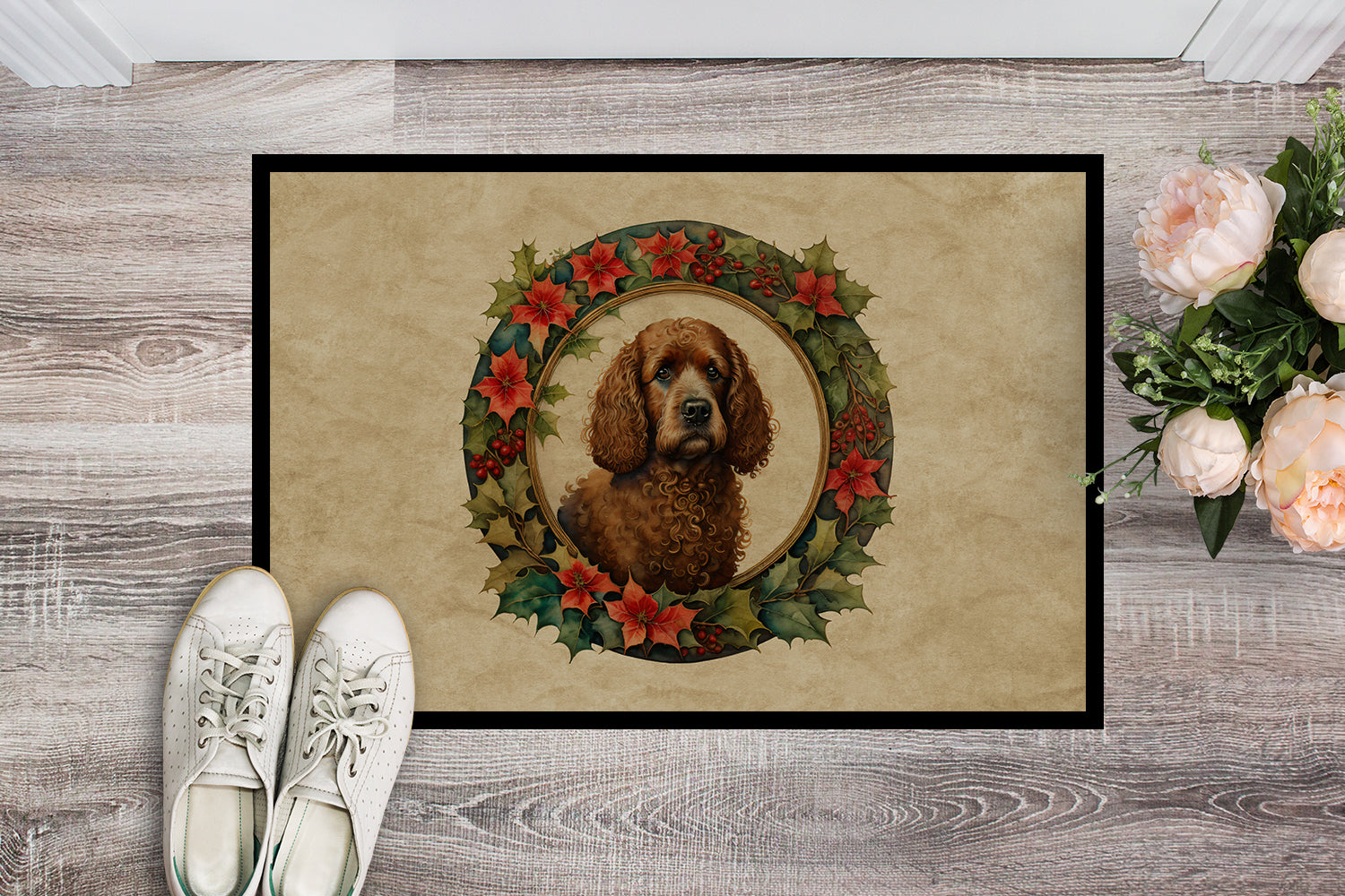 Buy this Irish Water Spaniel Christmas Flowers Doormat