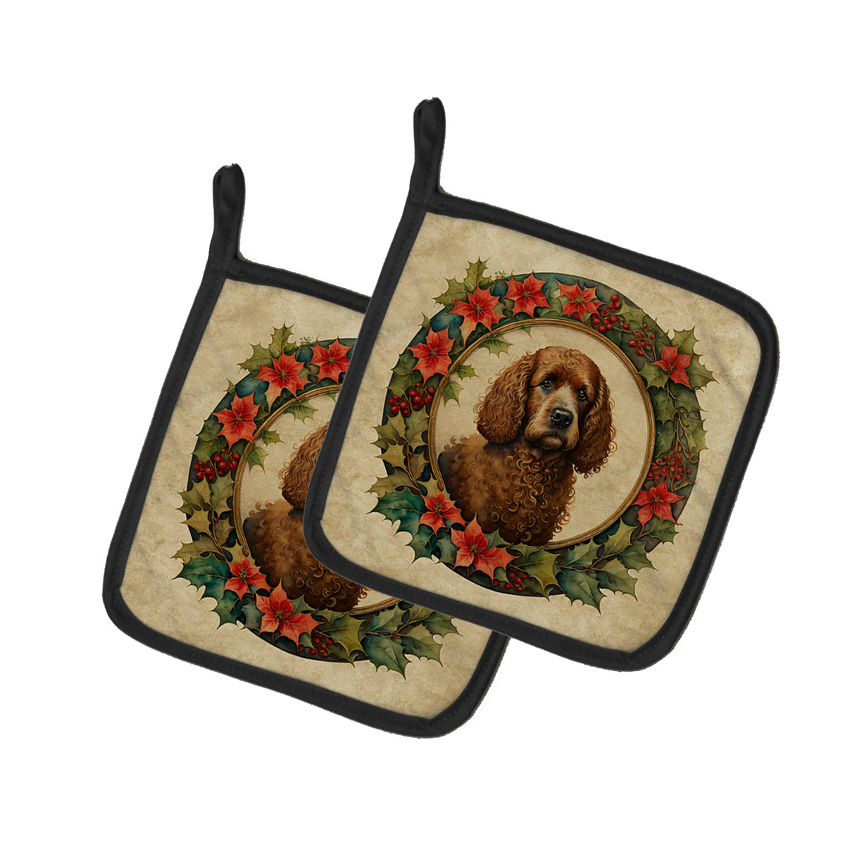 Buy this Irish Water Spaniel Christmas Flowers Pair of Pot Holders