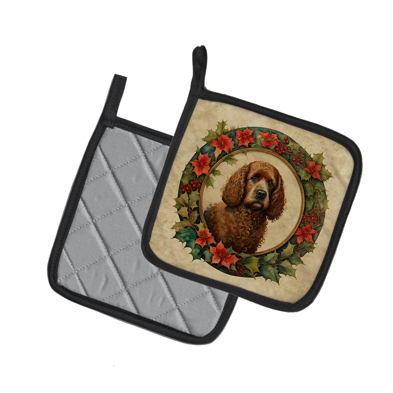 Irish Water Spaniel Christmas Flowers Pair of Pot Holders