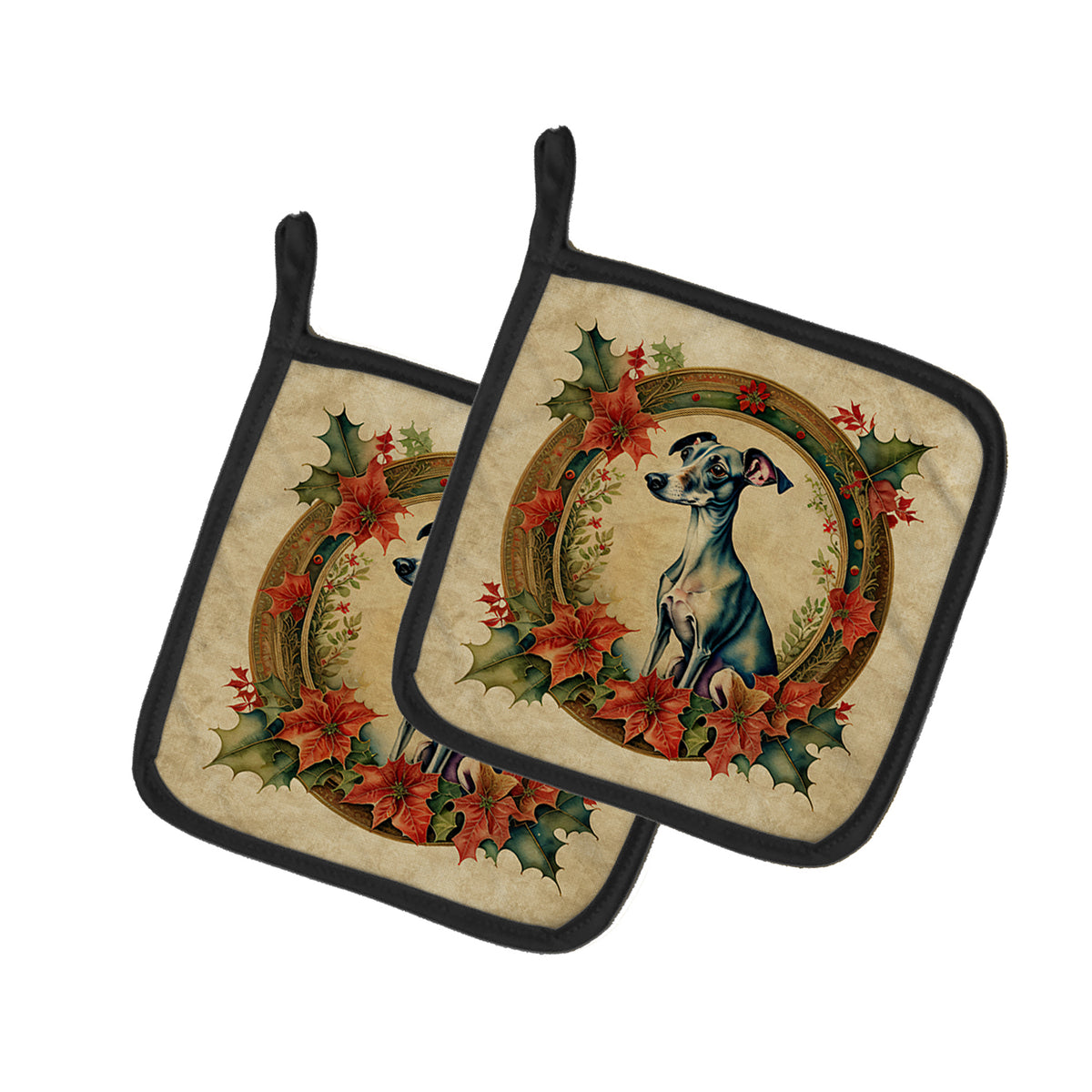 Buy this Italian Greyhound Christmas Flowers Pair of Pot Holders