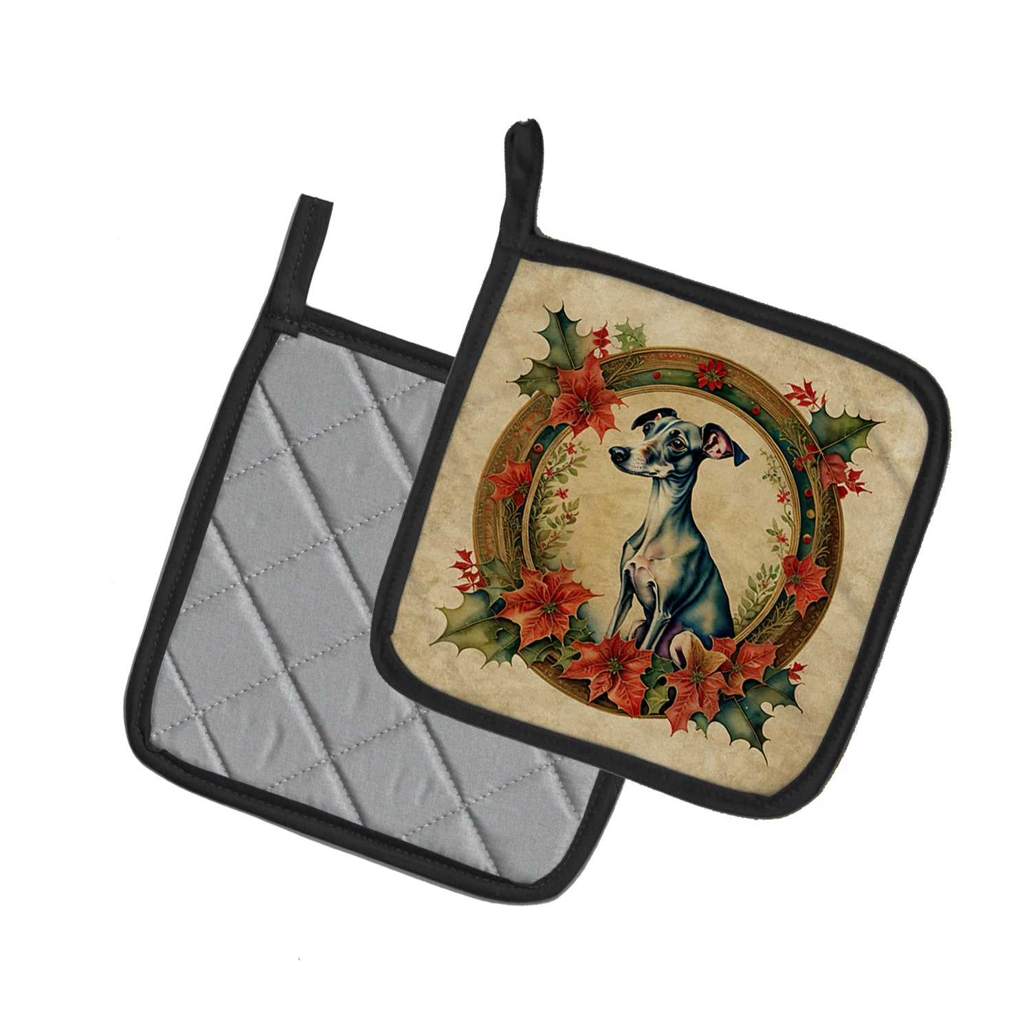 Italian Greyhound Christmas Flowers Pair of Pot Holders