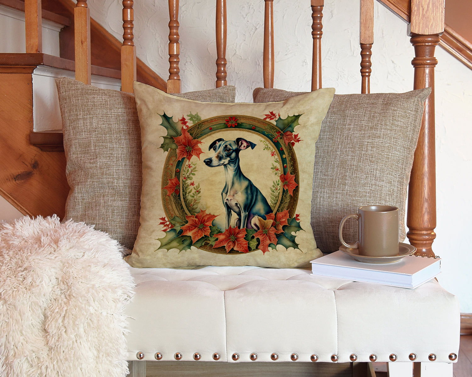 Italian Greyhound Christmas Flowers Throw Pillow