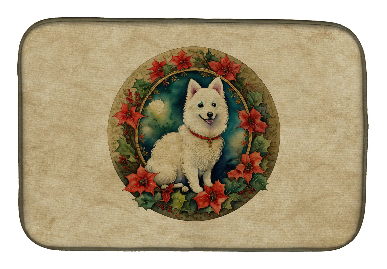 Buy this Japanese Spitz Christmas Flowers Dish Drying Mat