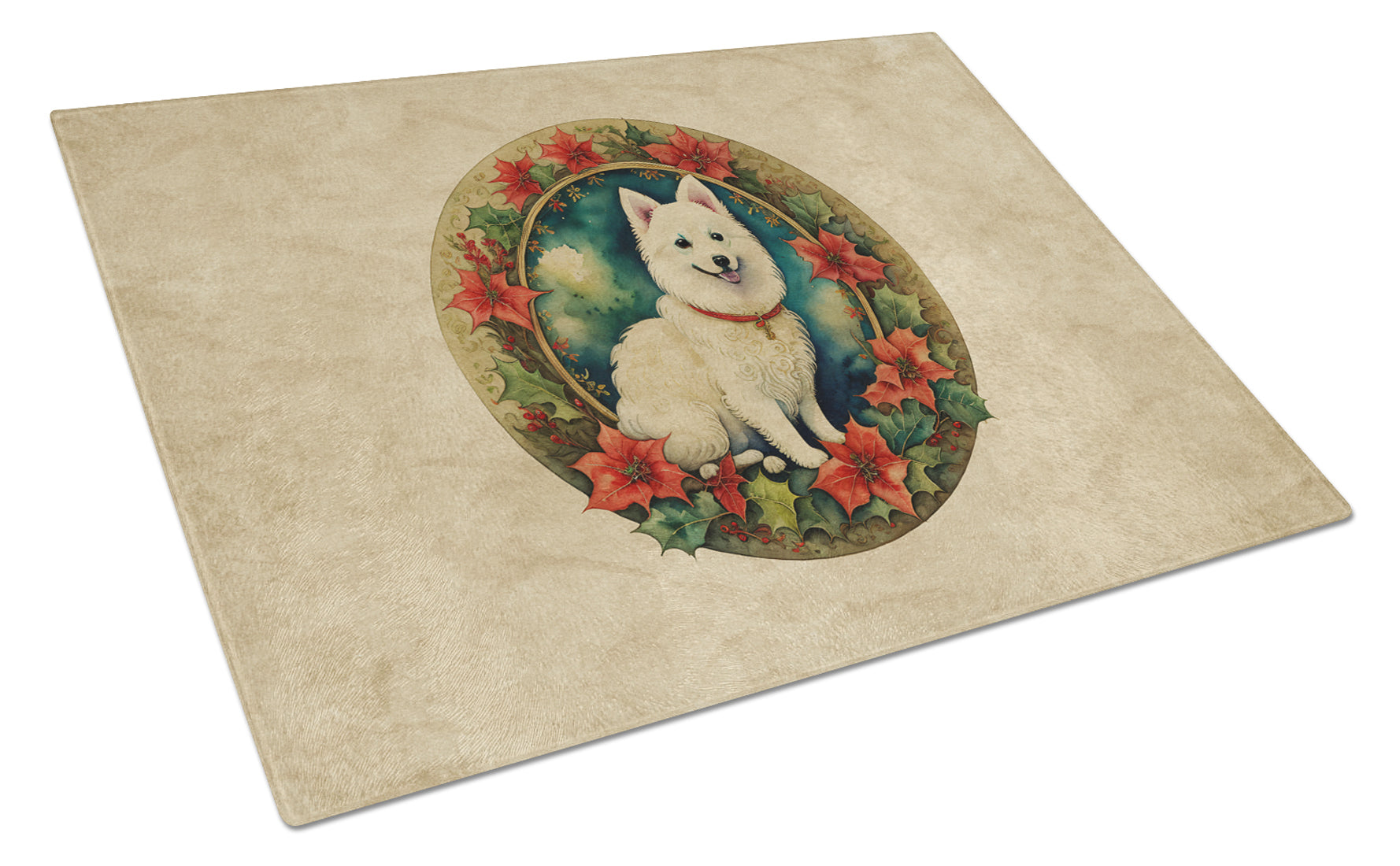 Buy this Japanese Spitz Christmas Flowers Glass Cutting Board