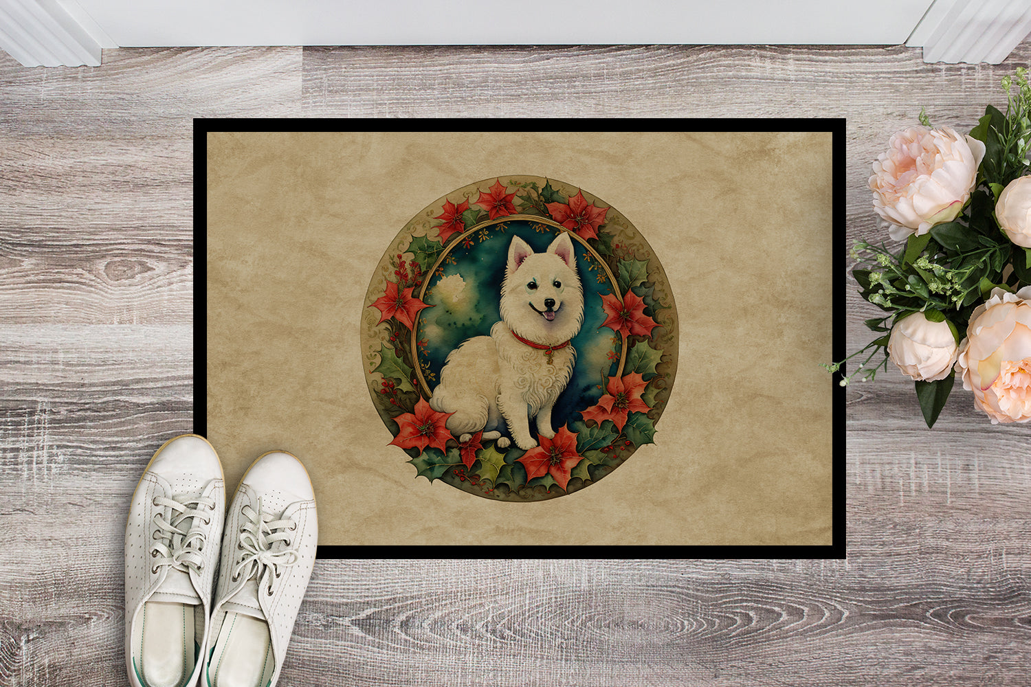 Buy this Japanese Spitz Christmas Flowers Doormat