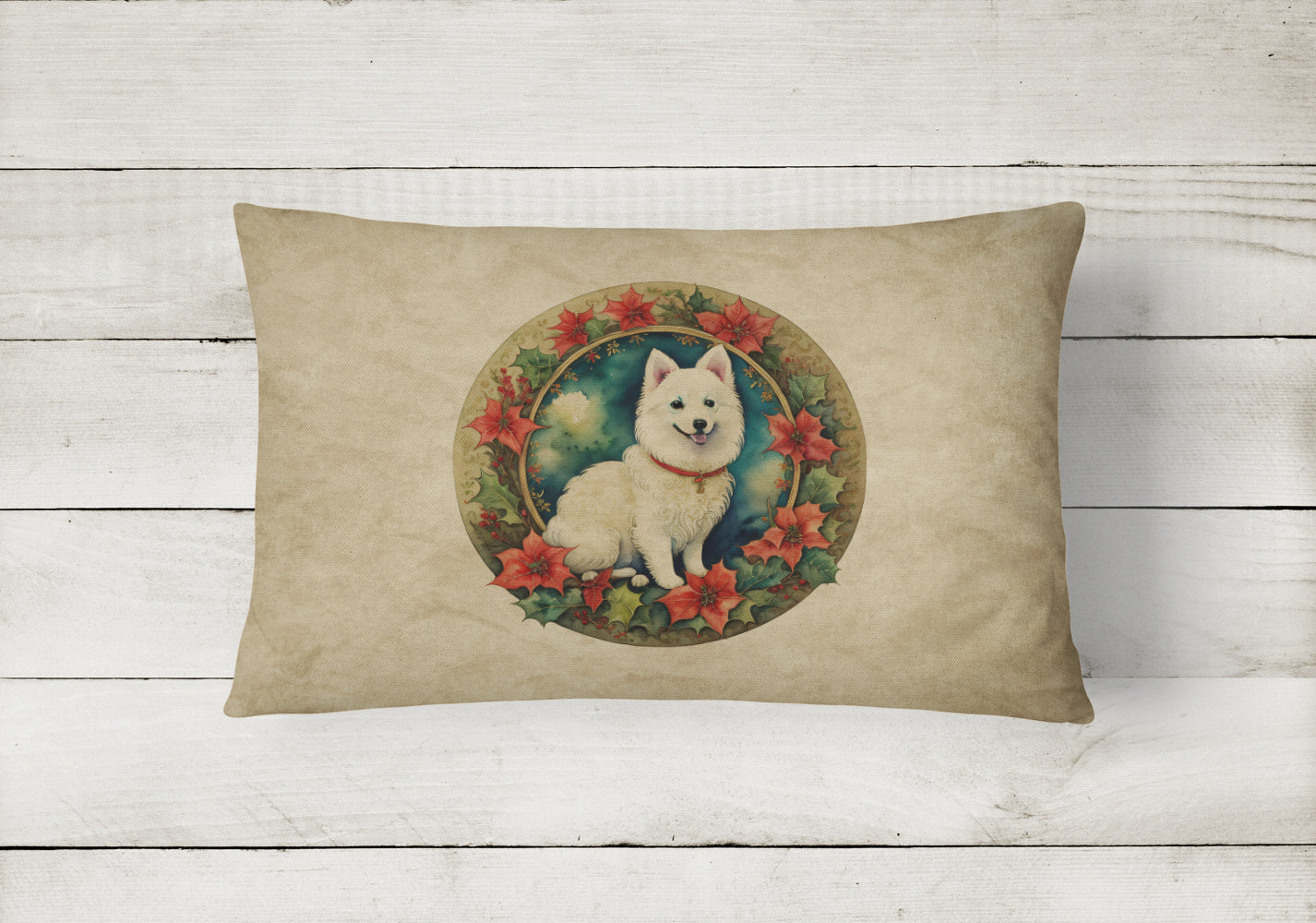 Buy this Japanese Spitz Christmas Flowers Throw Pillow