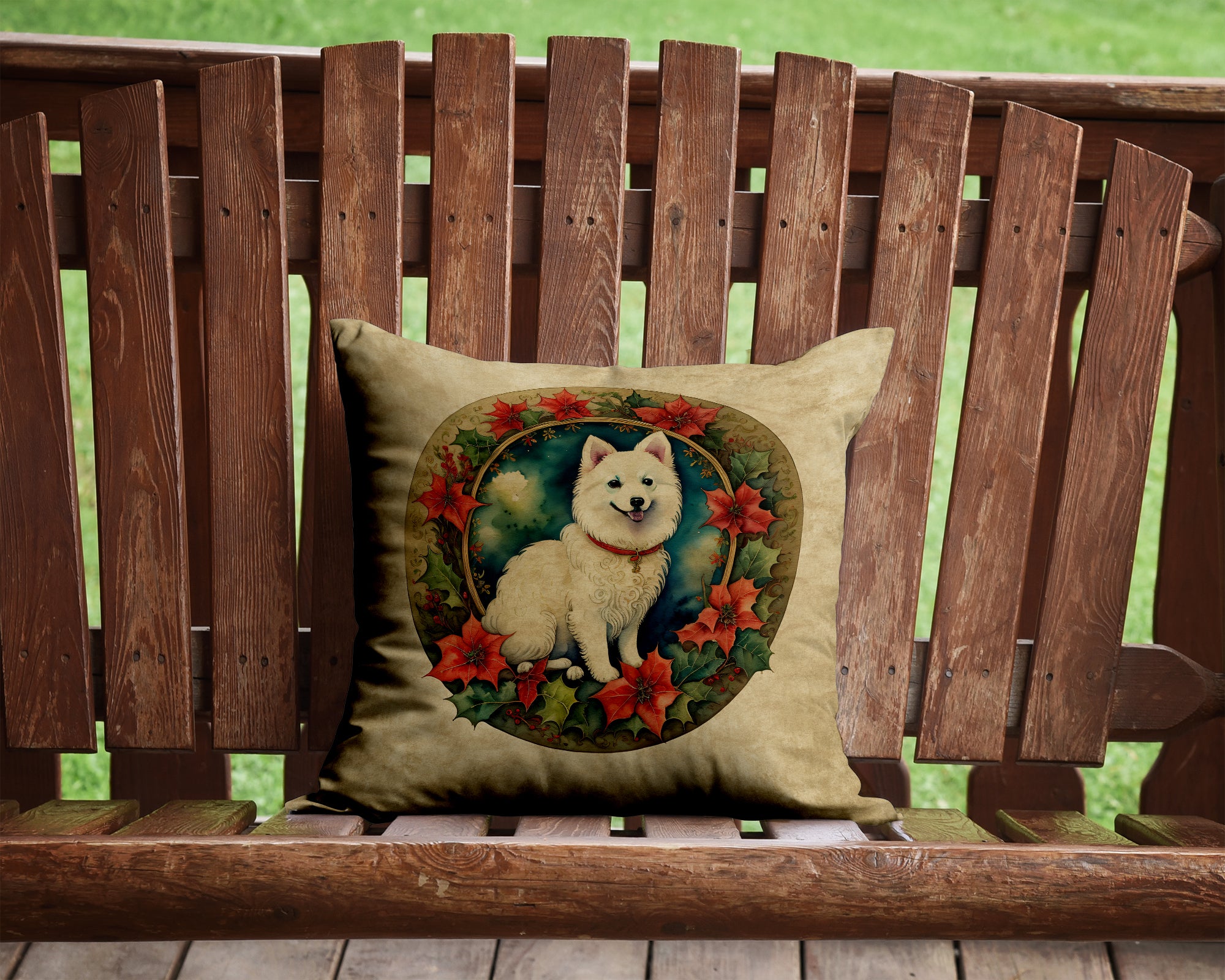 Japanese Spitz Christmas Flowers Throw Pillow