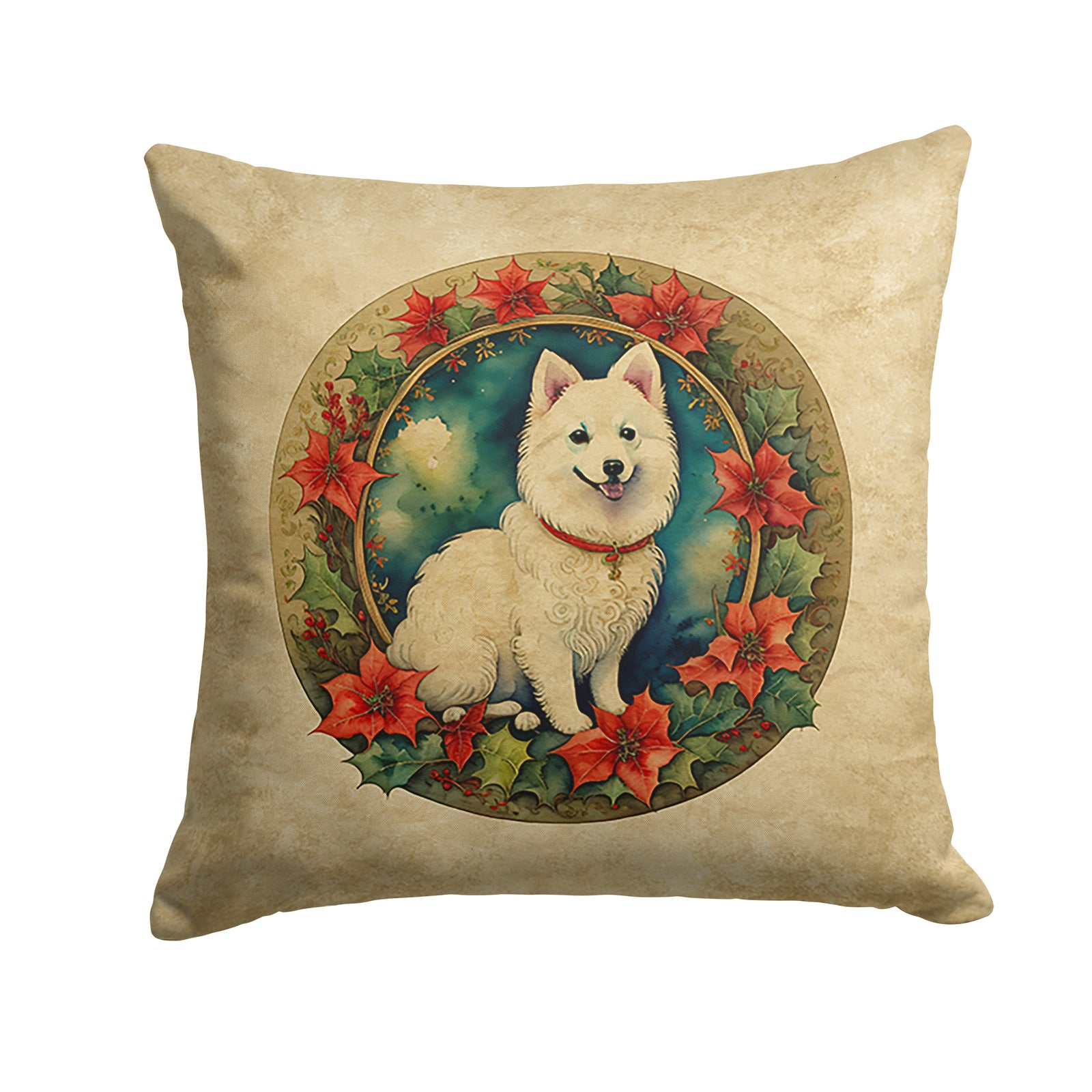 Buy this Japanese Spitz Christmas Flowers Throw Pillow