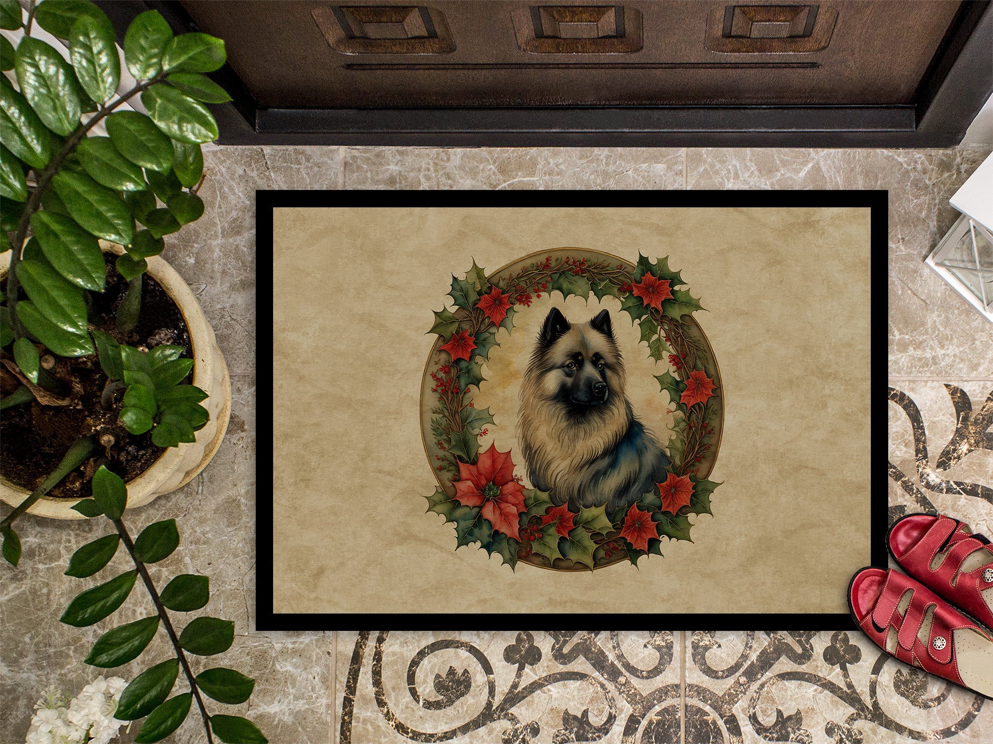 Keeshond Christmas Flowers Doormat