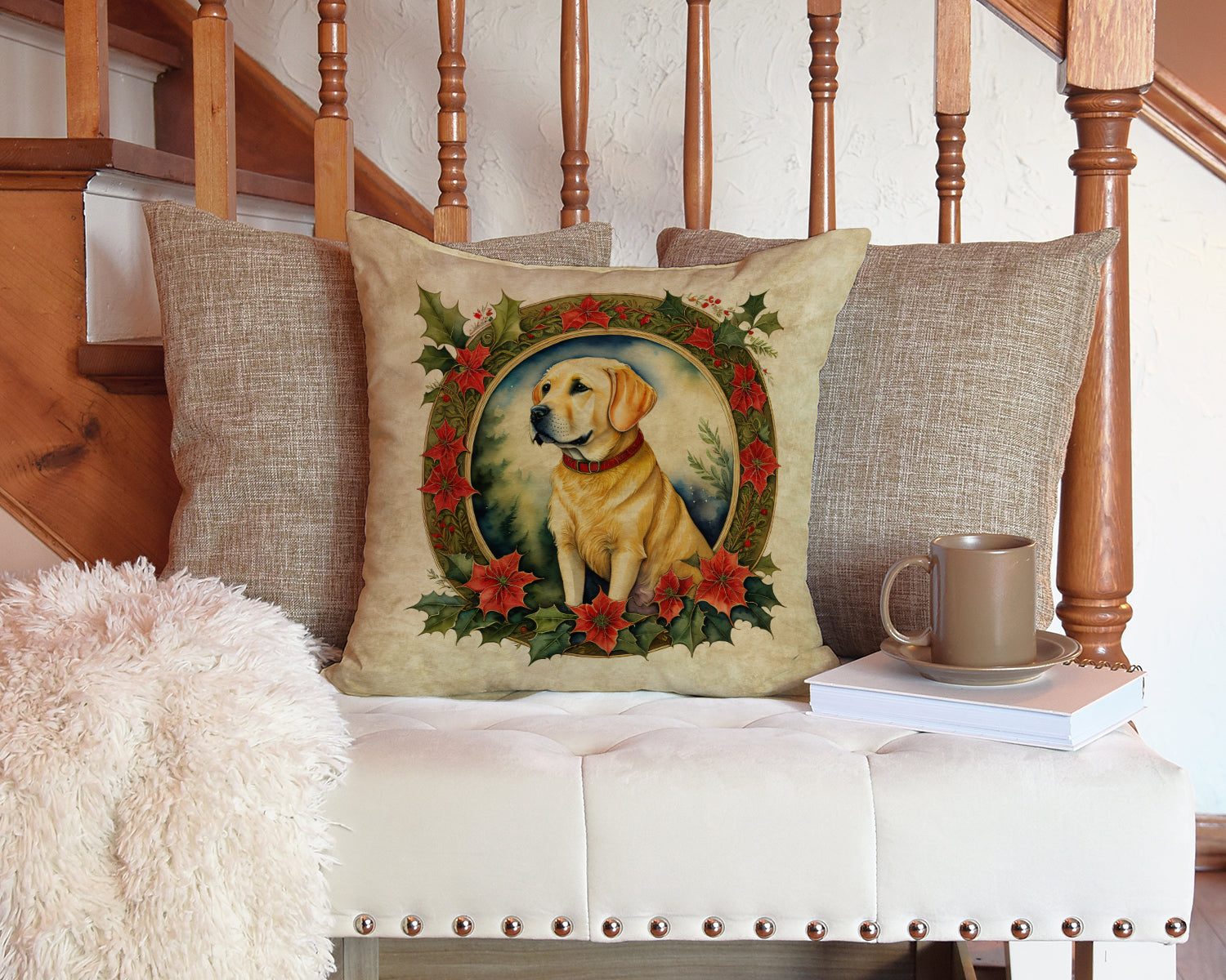 Labrador Retriever Christmas Flowers Throw Pillow