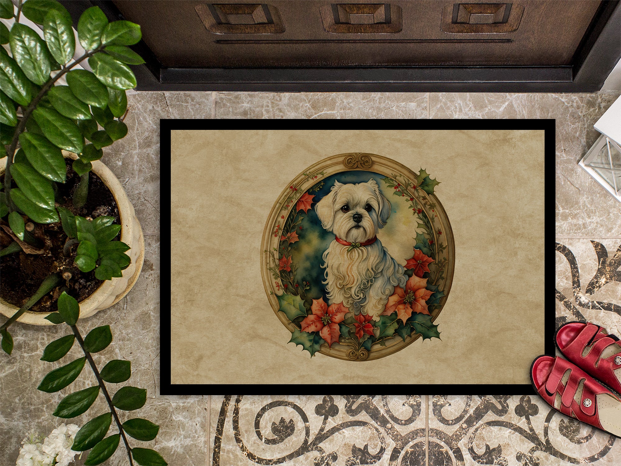 Maltese Christmas Flowers Doormat