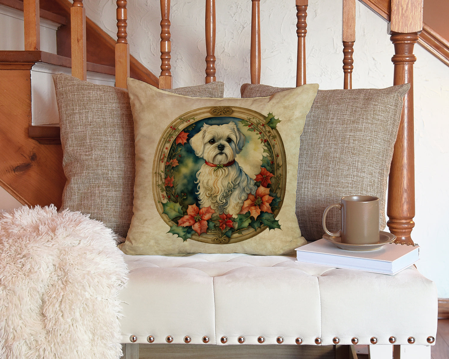 Maltese Christmas Flowers Throw Pillow