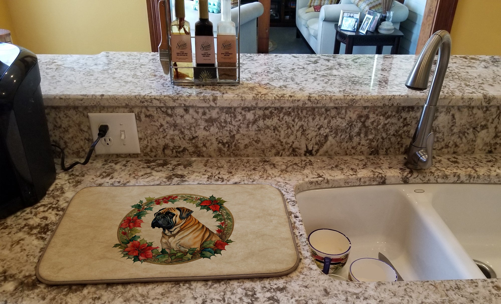 Mastiff Christmas Flowers Dish Drying Mat