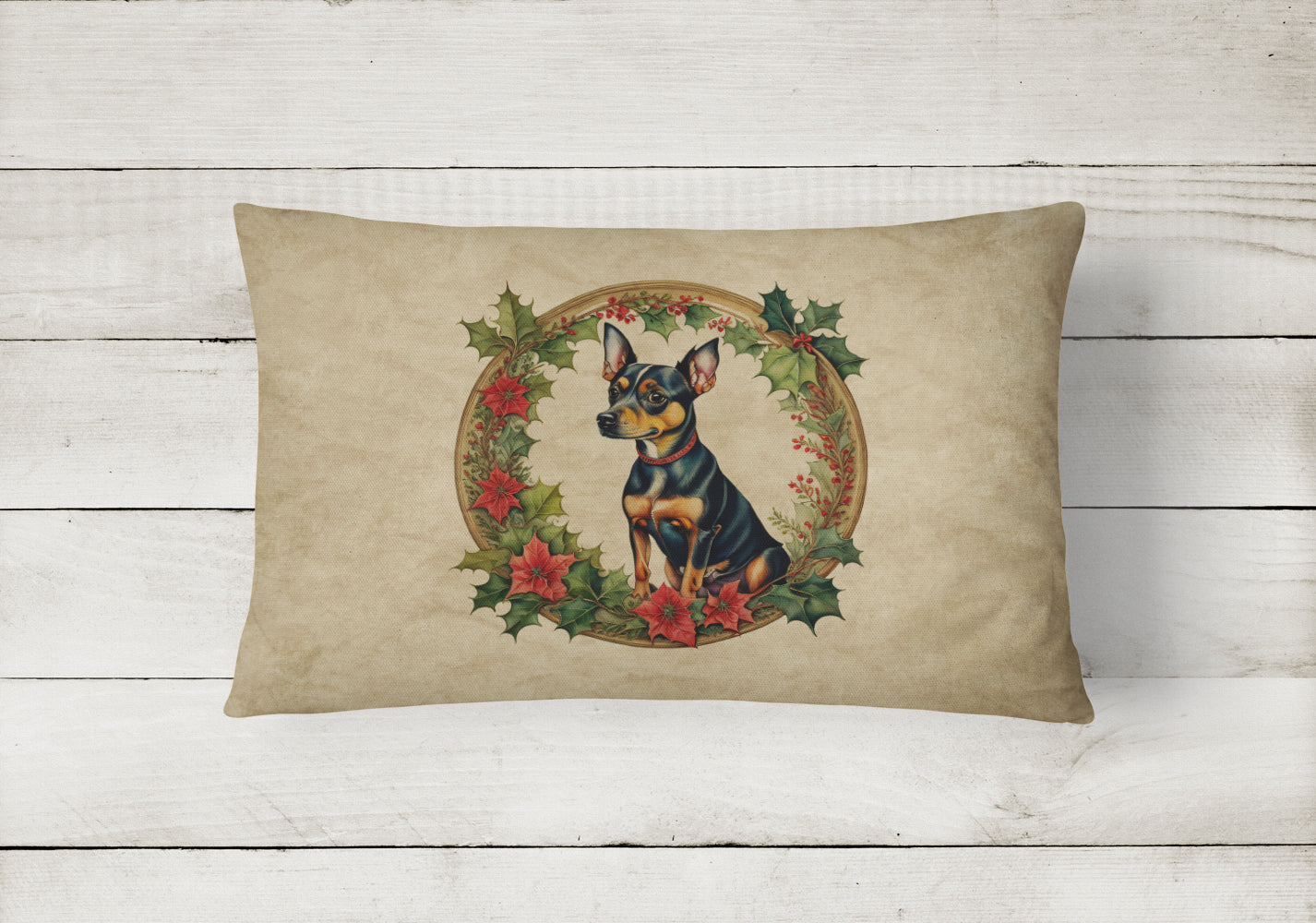 Miniature Pinscher Christmas Flowers Throw Pillow