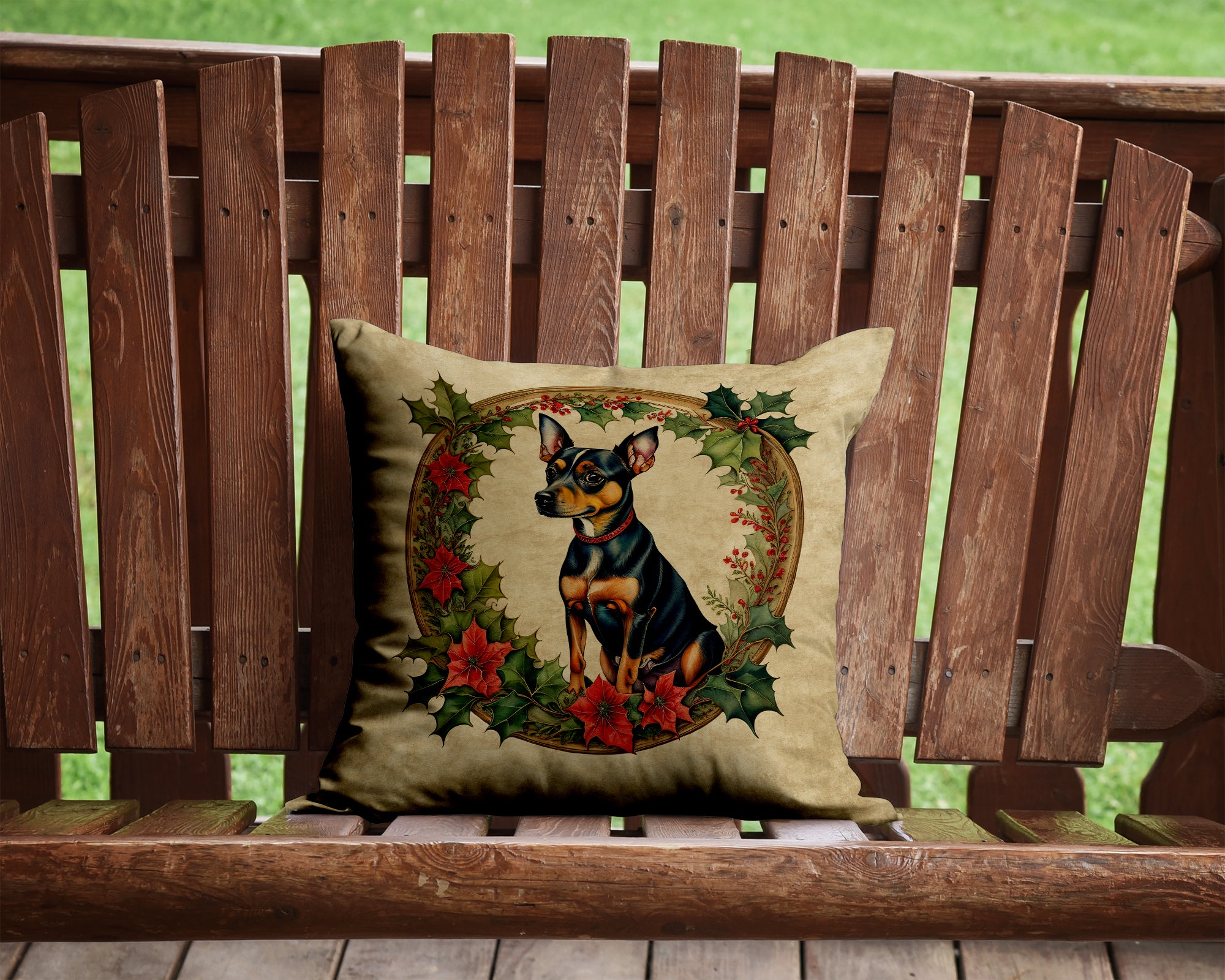 Miniature Pinscher Christmas Flowers Throw Pillow