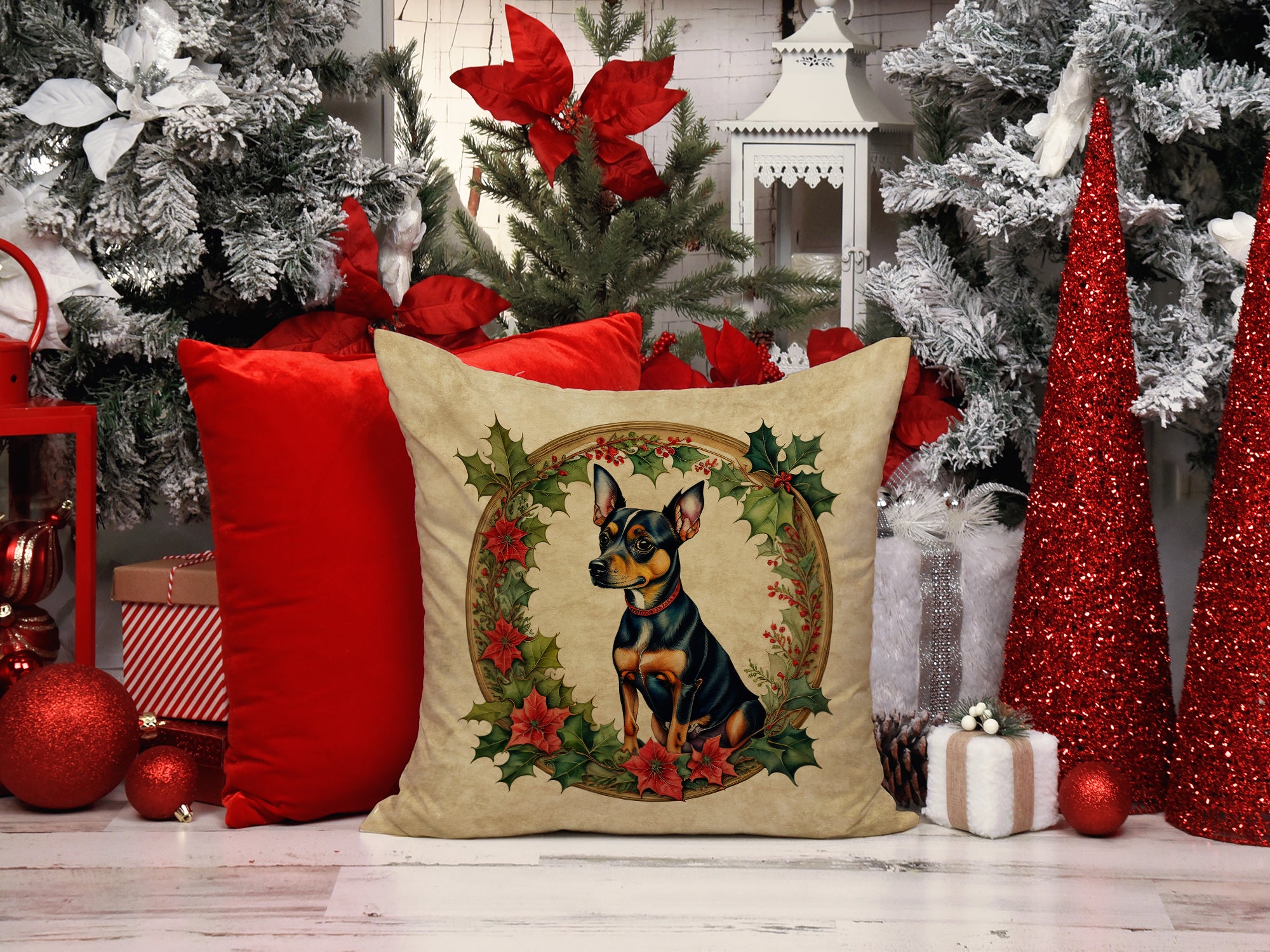 Buy this Miniature Pinscher Christmas Flowers Throw Pillow