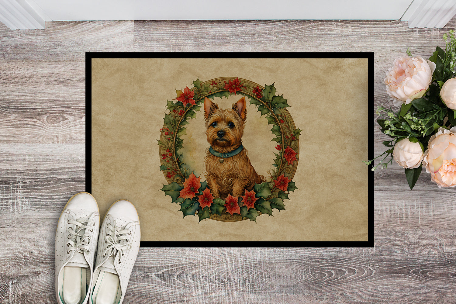 Norwich Terrier Christmas Flowers Doormat