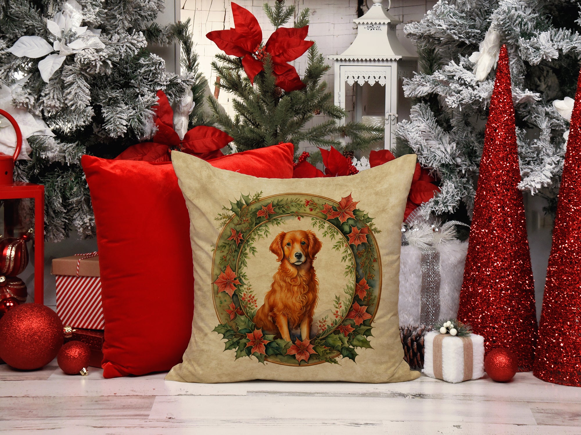 Nova Scotia Duck Tolling Retriever Christmas Flowers Throw Pillow