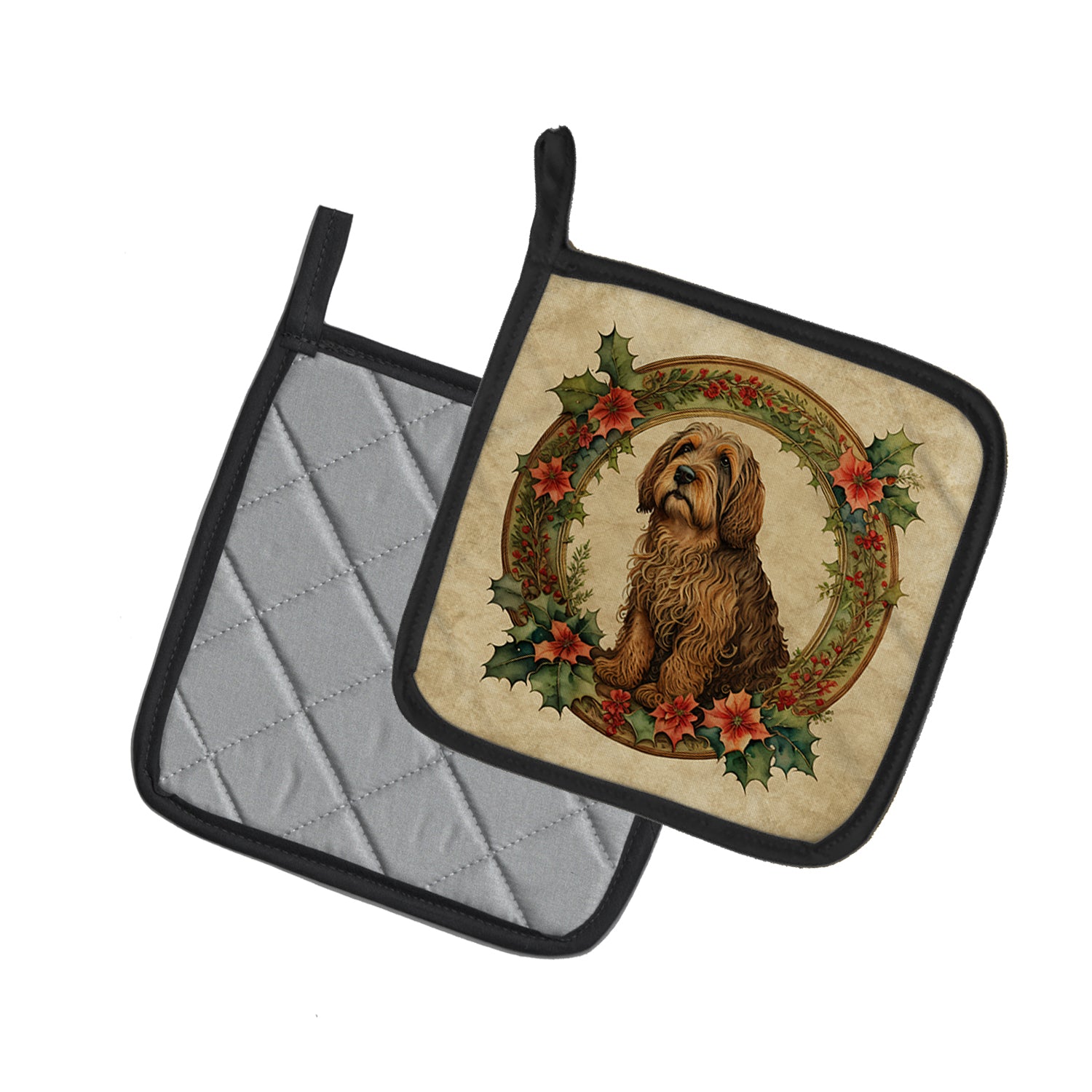 Otterhound Christmas Flowers Pair of Pot Holders