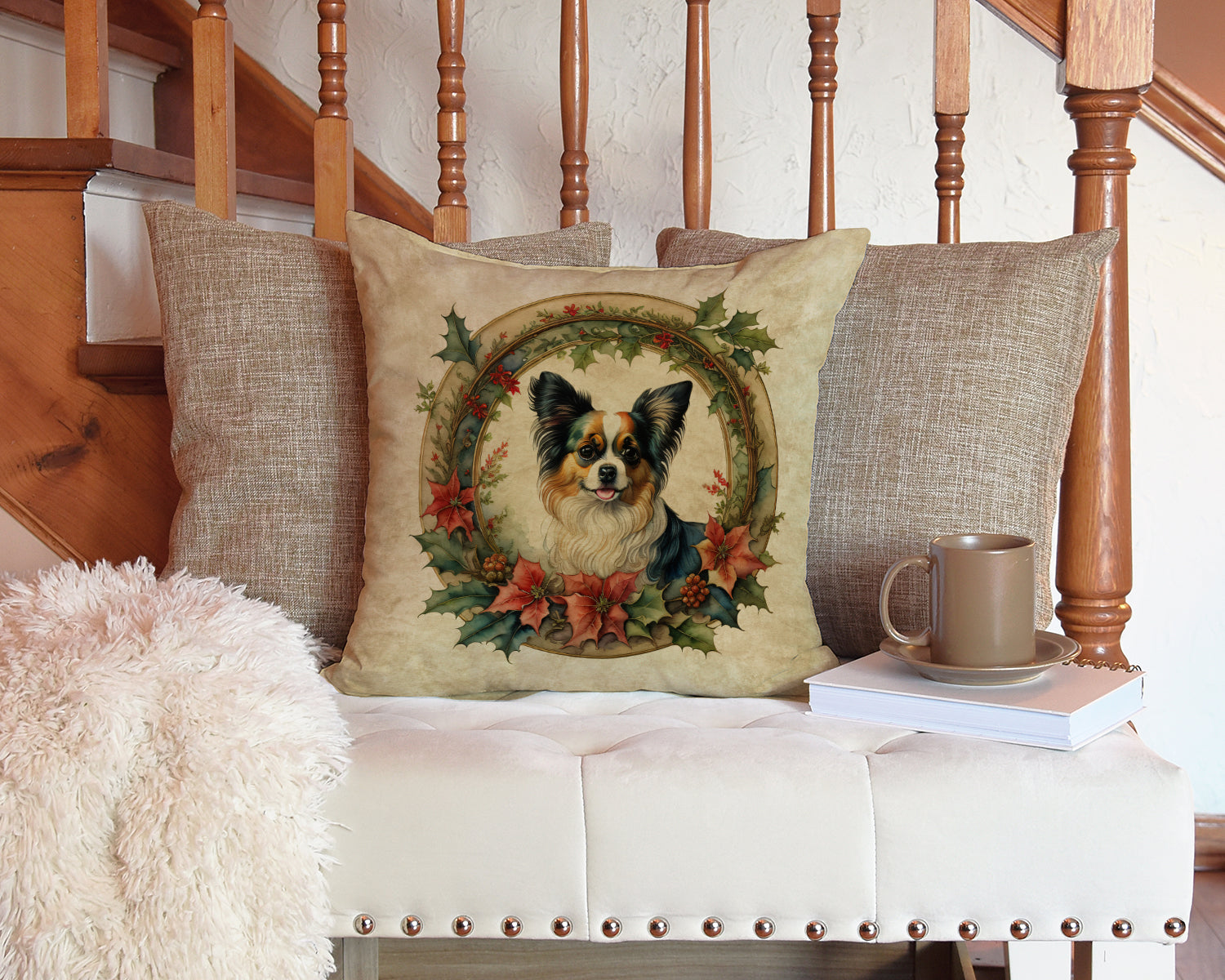 Papillon Christmas Flowers Throw Pillow