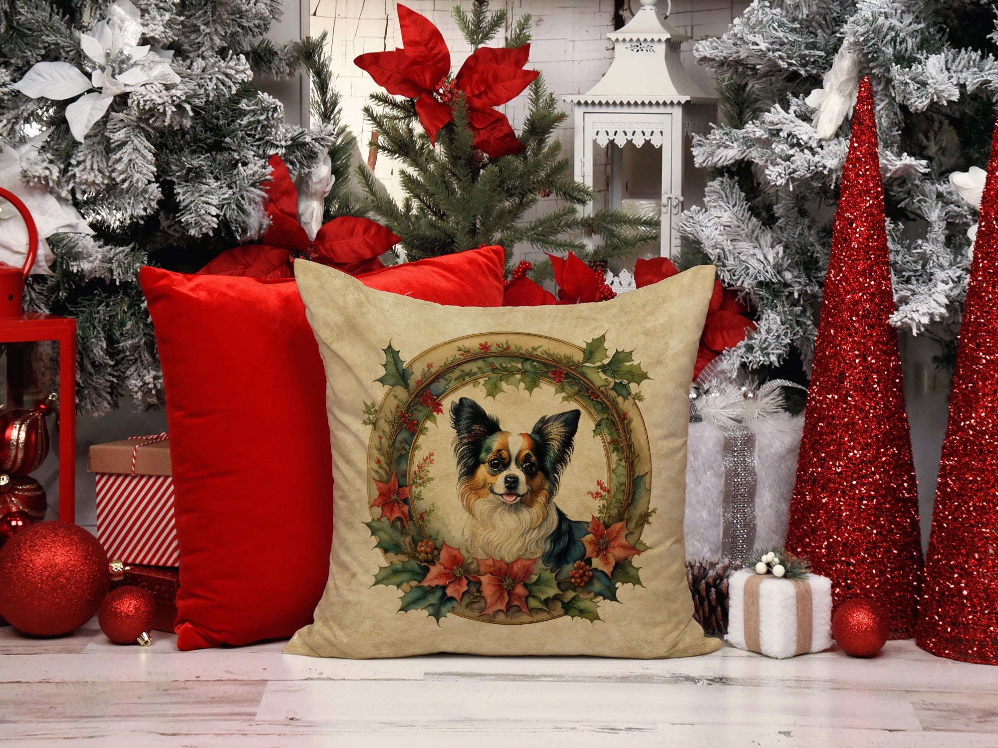 Buy this Papillon Christmas Flowers Throw Pillow