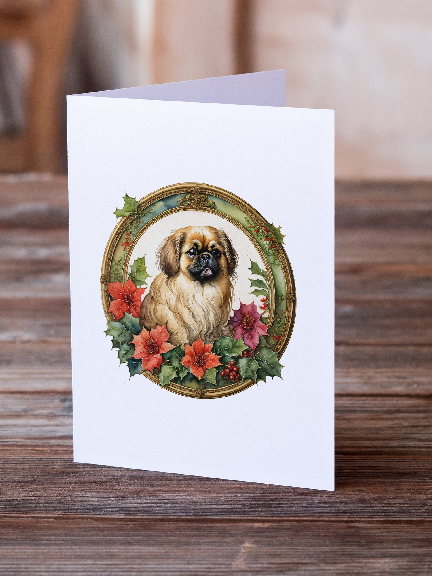 Pekingese Christmas Flowers Greeting Cards Pack of 8