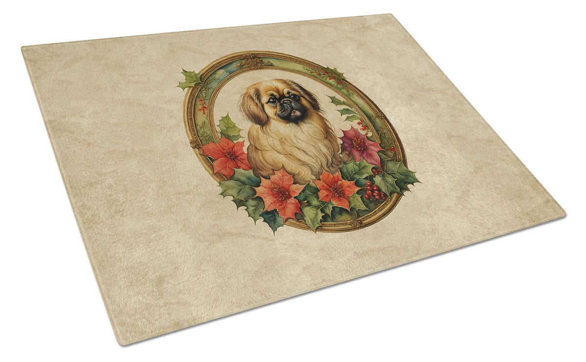 Buy this Pekingese Christmas Flowers Glass Cutting Board