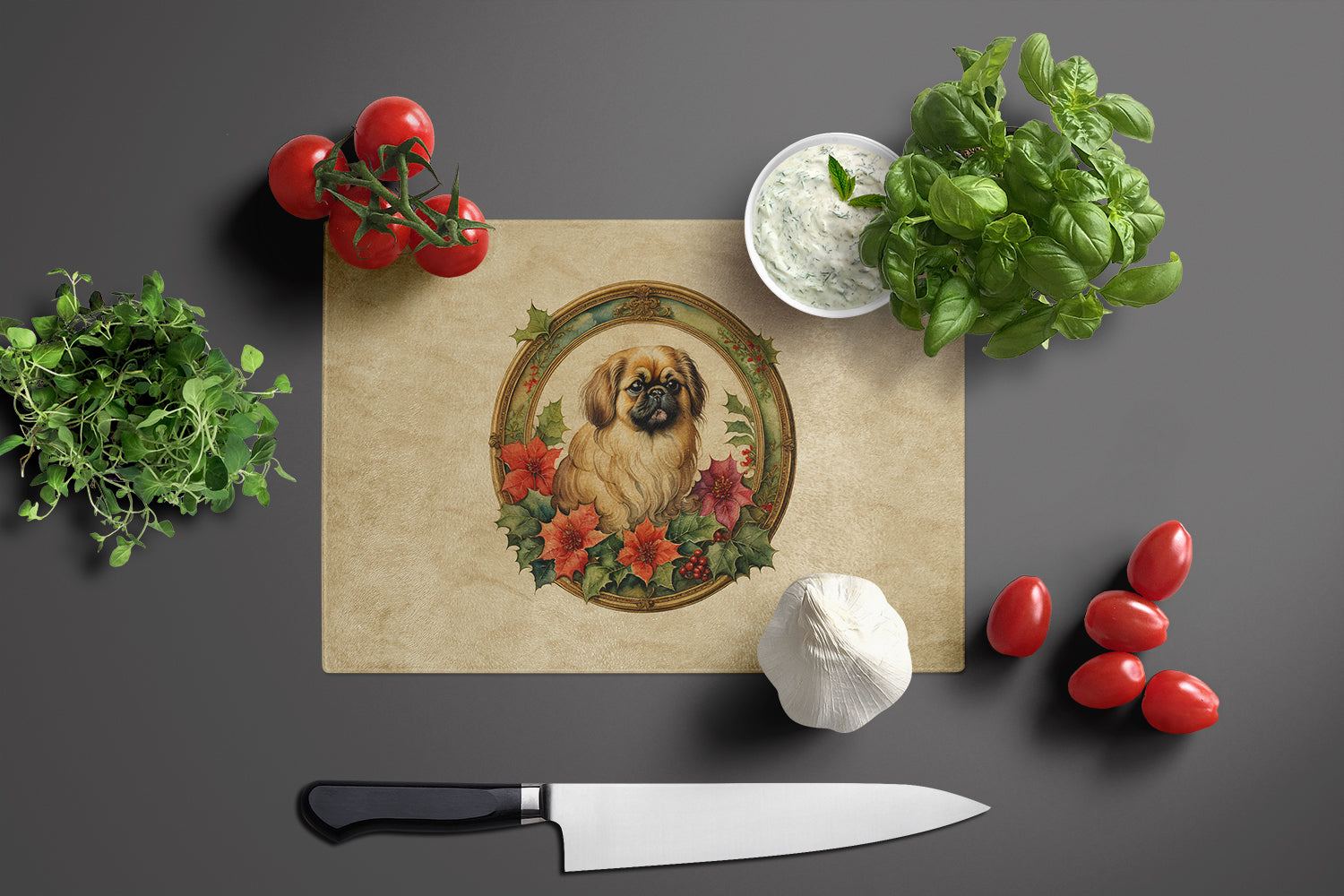 Pekingese Christmas Flowers Glass Cutting Board