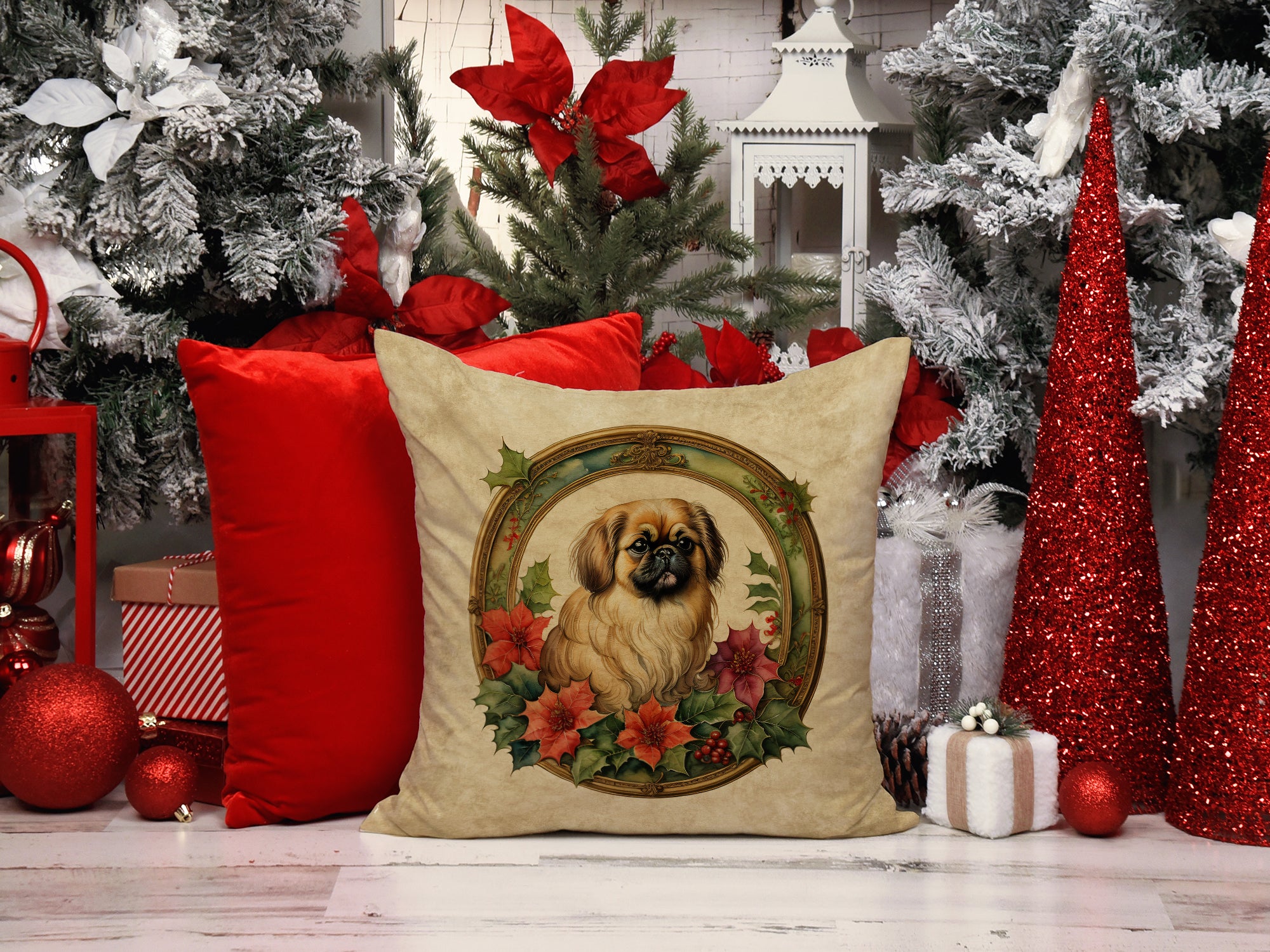 Buy this Pekingese Christmas Flowers Throw Pillow